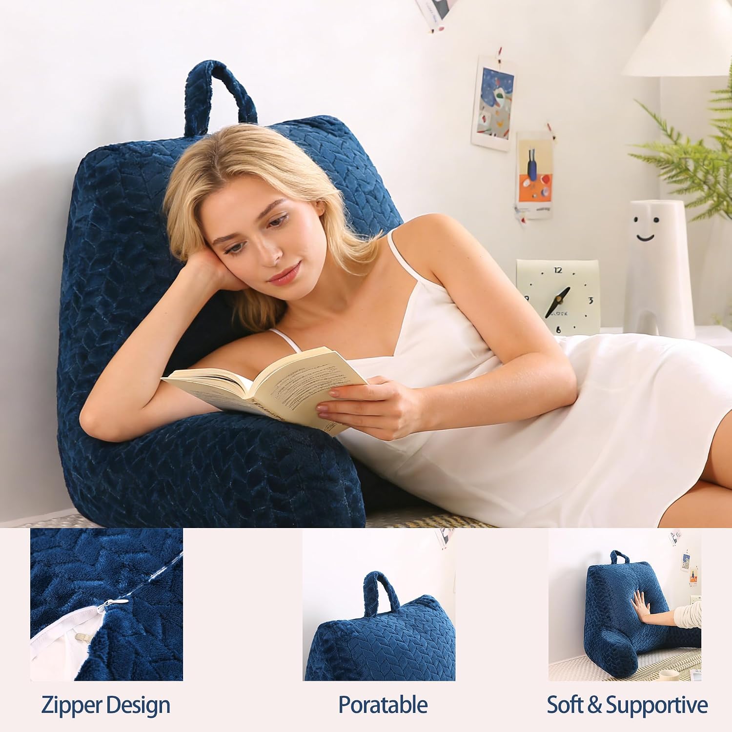 Blue Bed Reading Pillow for Adults, Memory Foam Backrest Pillow with Armrests for Sitting Up in Bed, Support for Back & Arms, Removable…