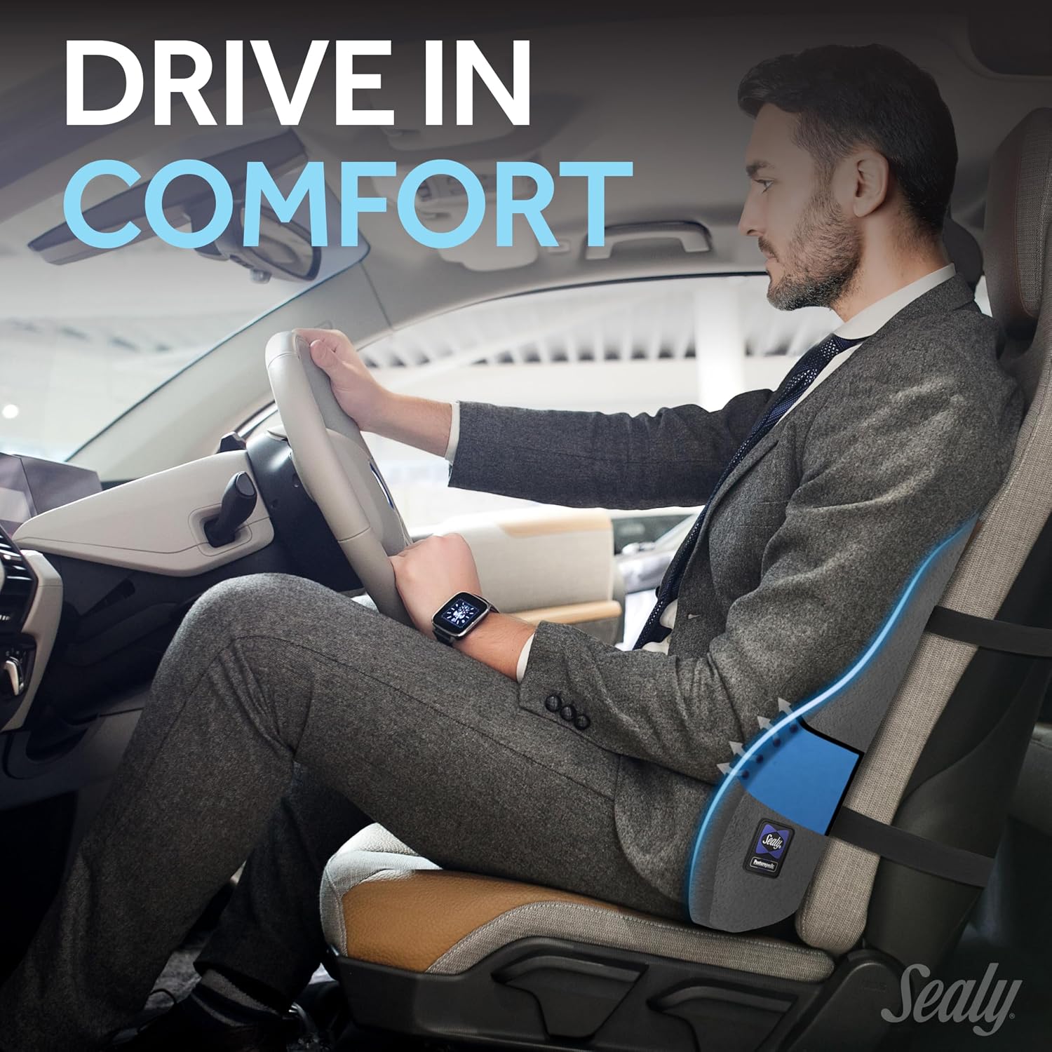 Sealy High Back Memory Foam Lumbar Support Pillow for Office Chair or Gaming Chair, Orthopedic Back Pillow for Car Seat, Gray Gray