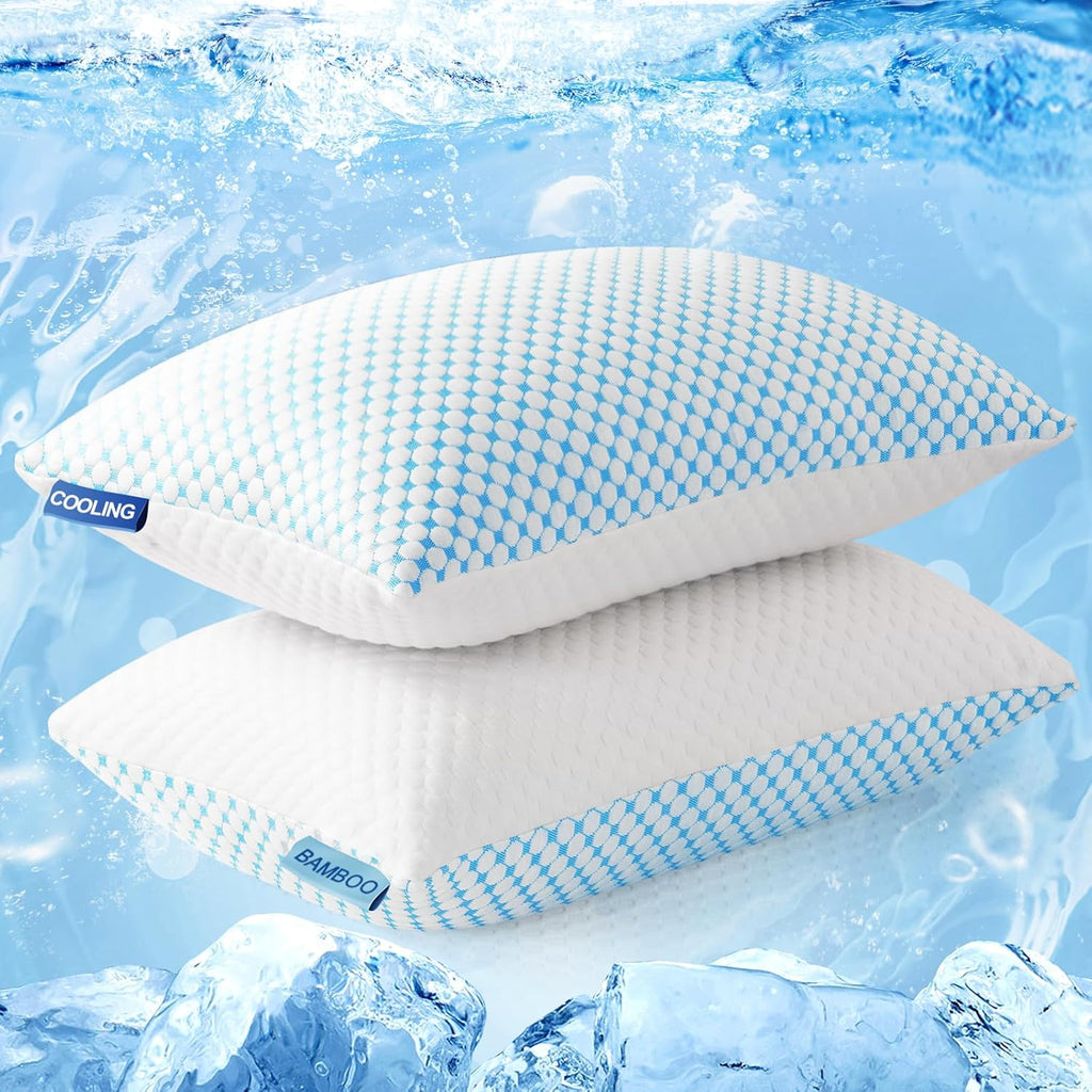 EASELAND Firm Pillows Shredded Memory Foam with Adjustable Fill - Queen Size Set of 2, Removable Cooling Cover for Hot Sleepers, Cool Bed…