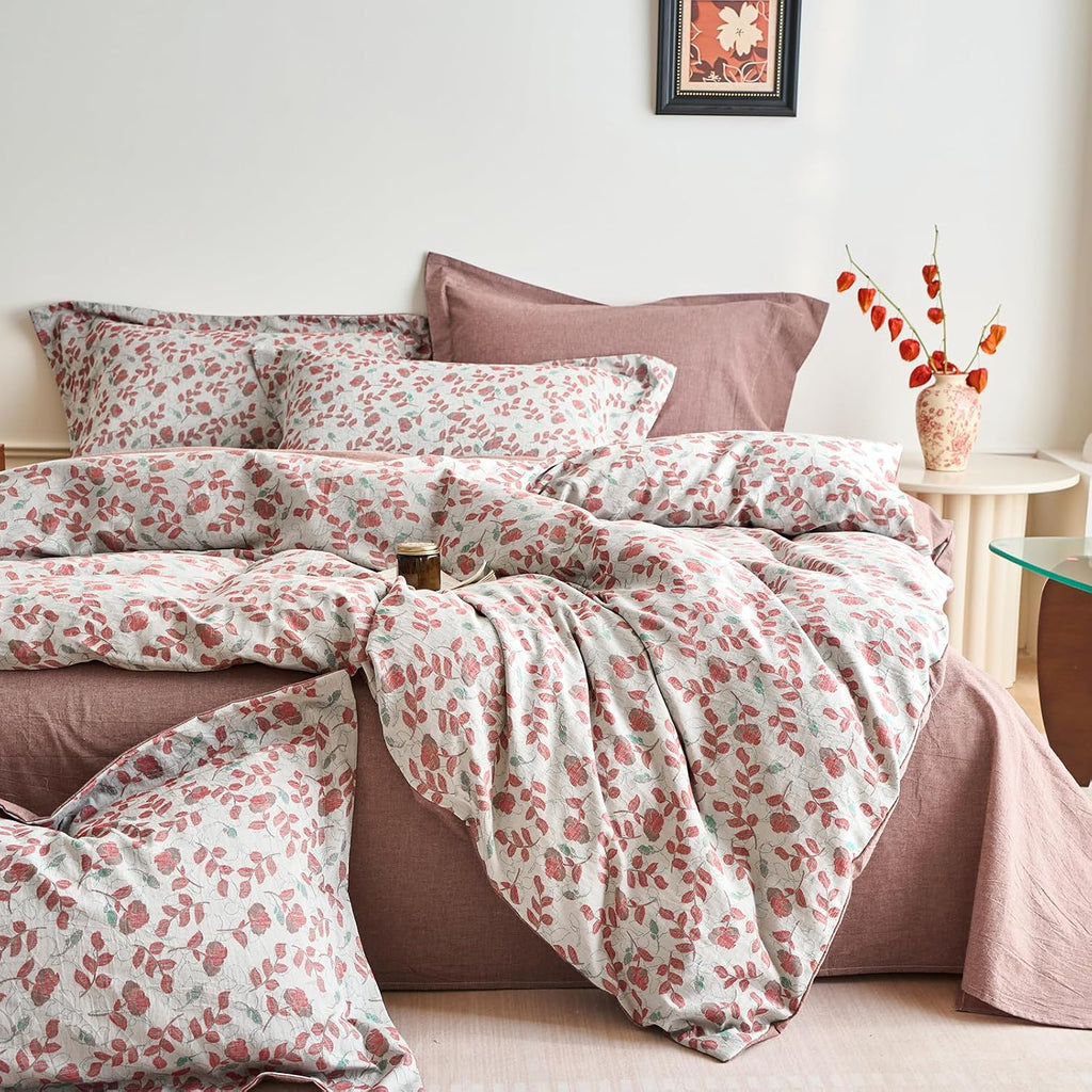 mixinni 100% Washed Cotton Duvet Cover Set, Reversible Vintage Floral Jacquard Textured Comforter Cover, Boho Farmhouse Bedding Set with Zi…