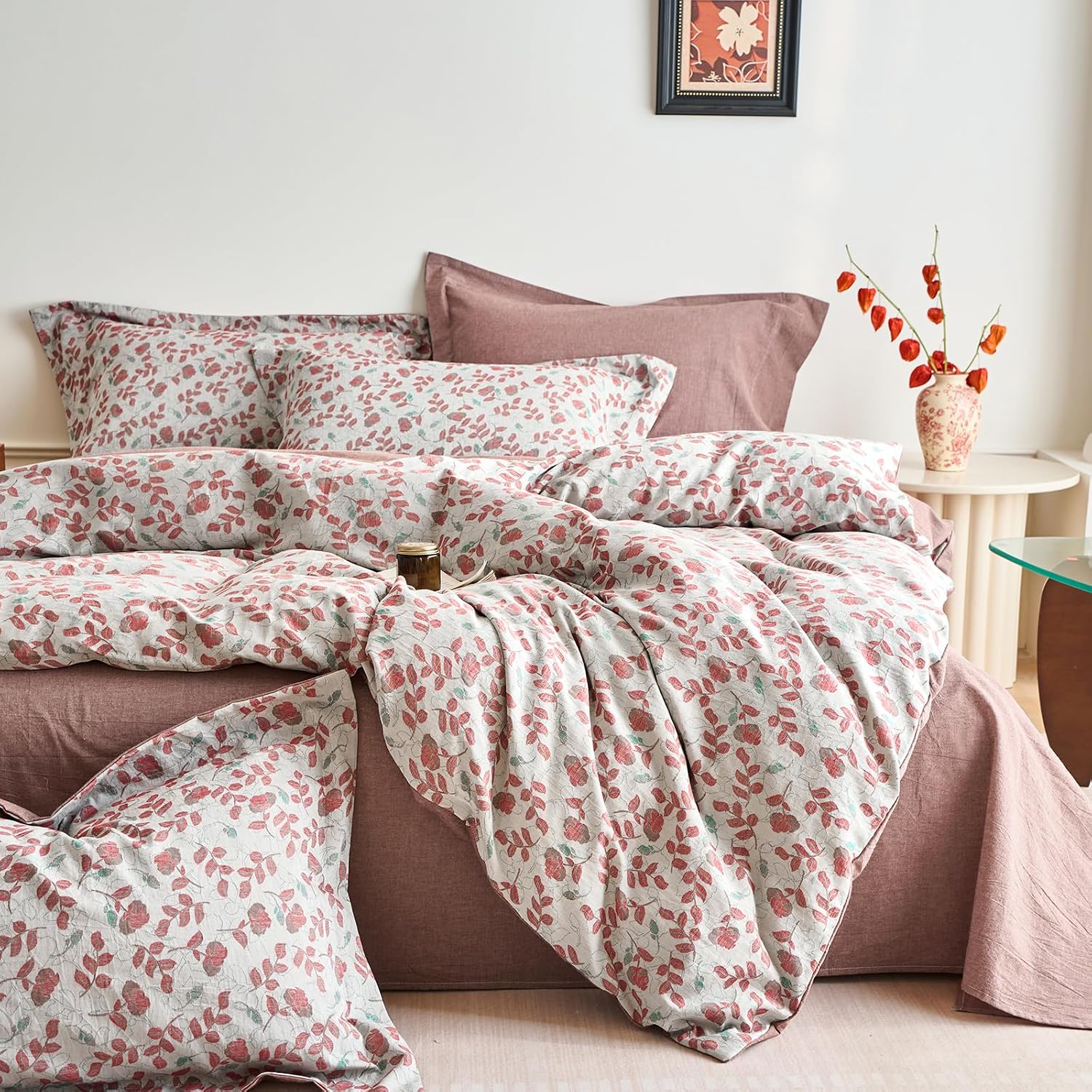 mixinni 100% Washed Cotton Duvet Cover Set, Reversible Vintage Floral Jacquard Textured Comforter Cover, Boho Farmhouse Bedding Set with Zi…