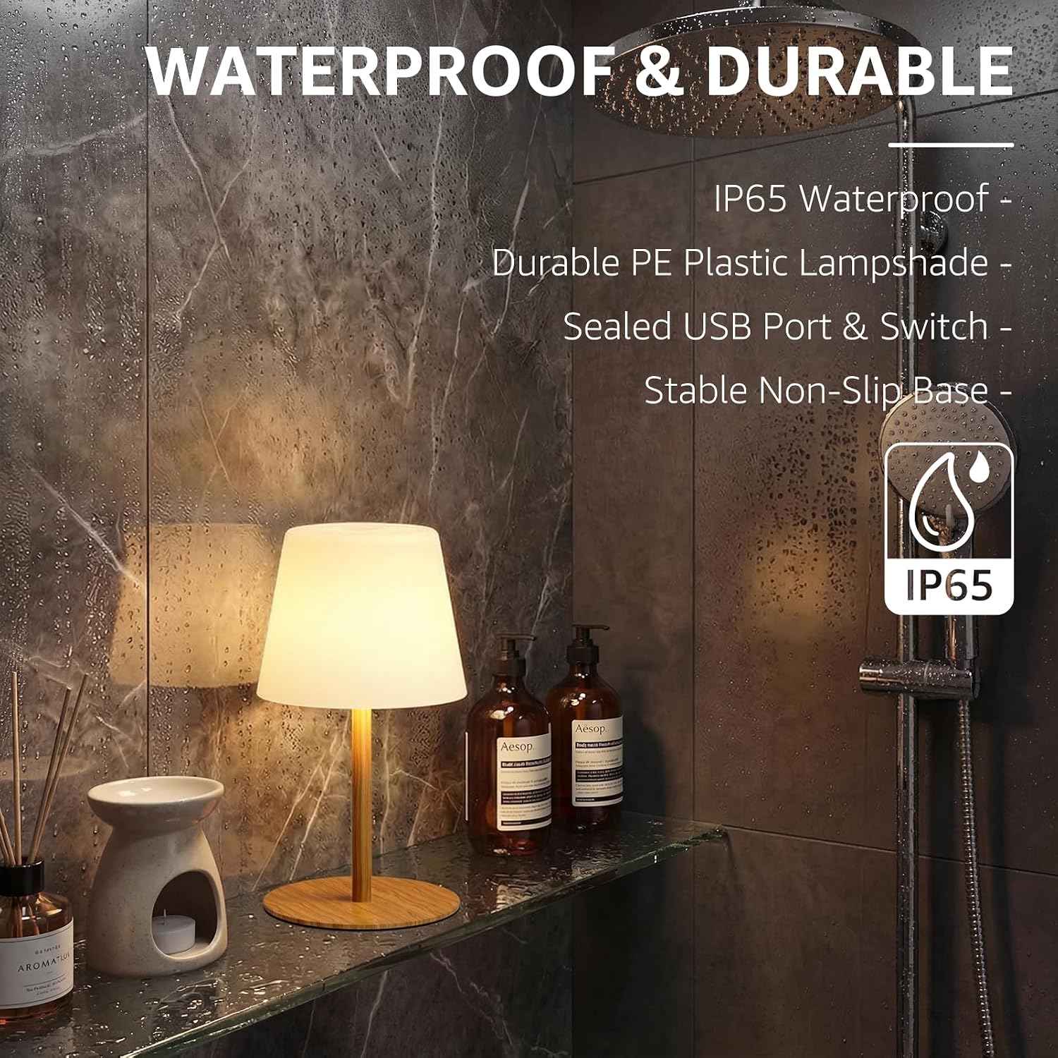 Litluzecozy IP65 Shower Lamp Waterproof, Wood Grain Rechargeable Cordless Bathroom Table Lamp with 4000mAh Battery, 3 Color Temperatures St…