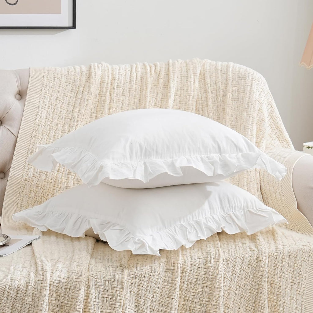 Qilunn 2 Pack Ruffle Throw Pillow Covers Farmhouse Off White Shabby Washed Cotton Decorative Pillow Shams for Bed, Sofa, Living Room-20"x20…