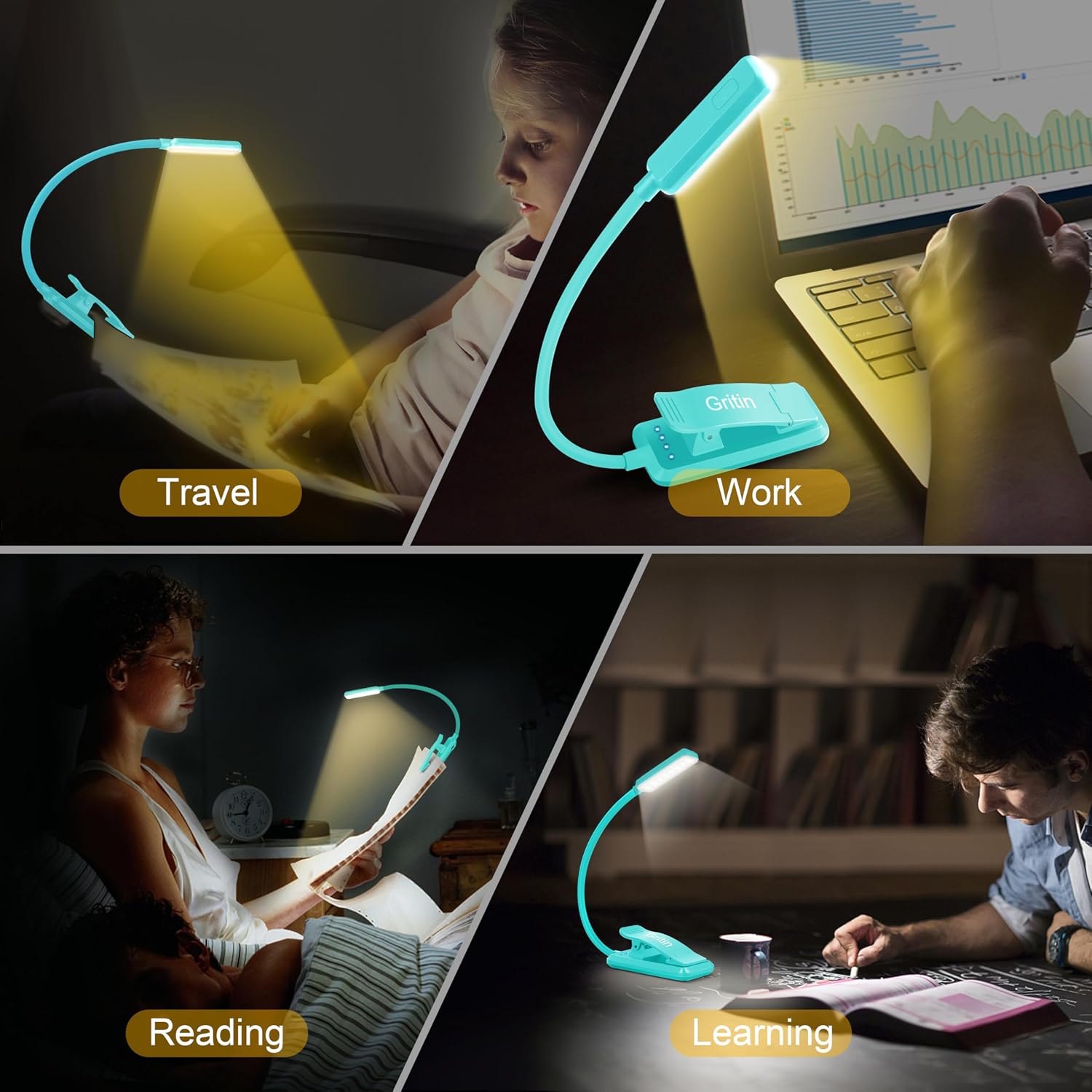 Gritin 9 LED Rechargeable Book Light for Reading in Bed - Eye Caring 3 Color Temperatures, Stepless Dimming Brightness,80 Hrs Runtime…