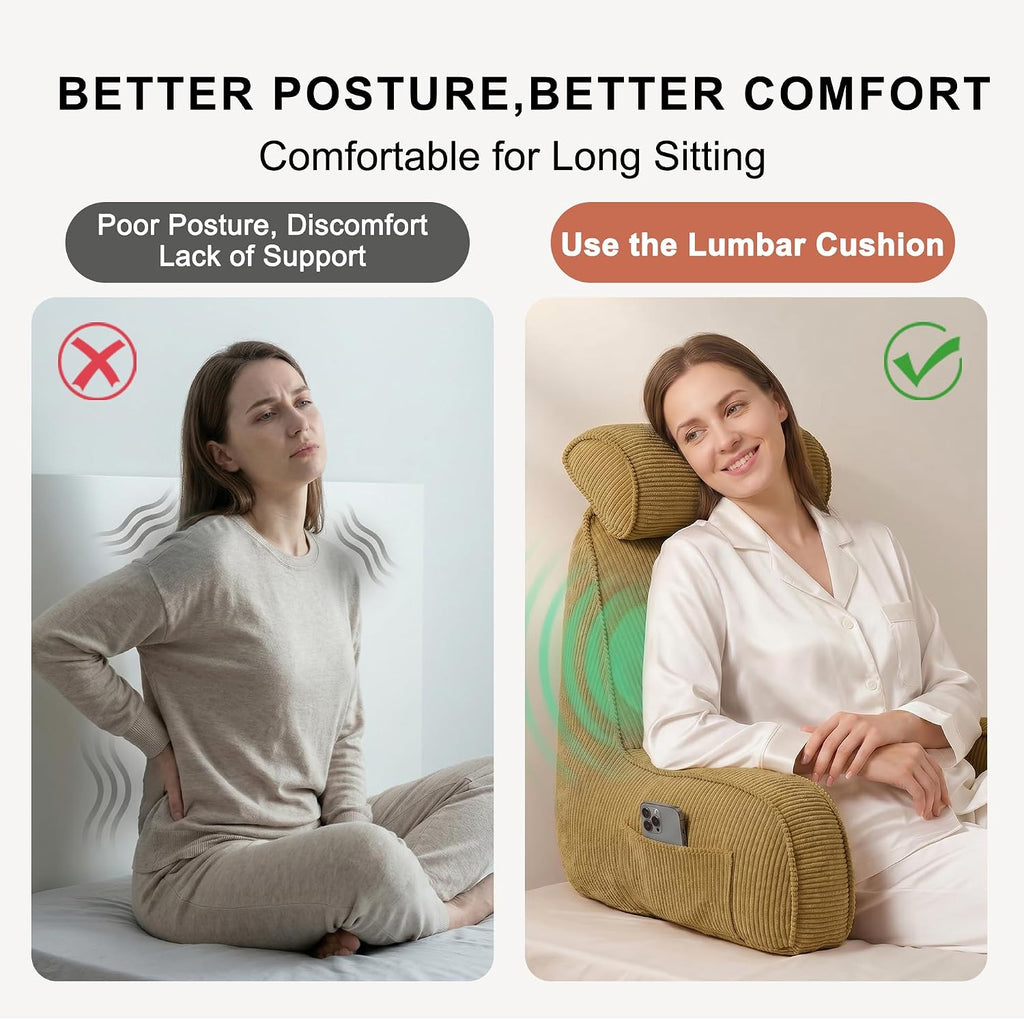 Ailuteie Bed Rest Reading Pillow, Backrest Pillow with Arms, Corduroy Back Support Cushion with Side Pockets & Washable Cover, for Sitting…