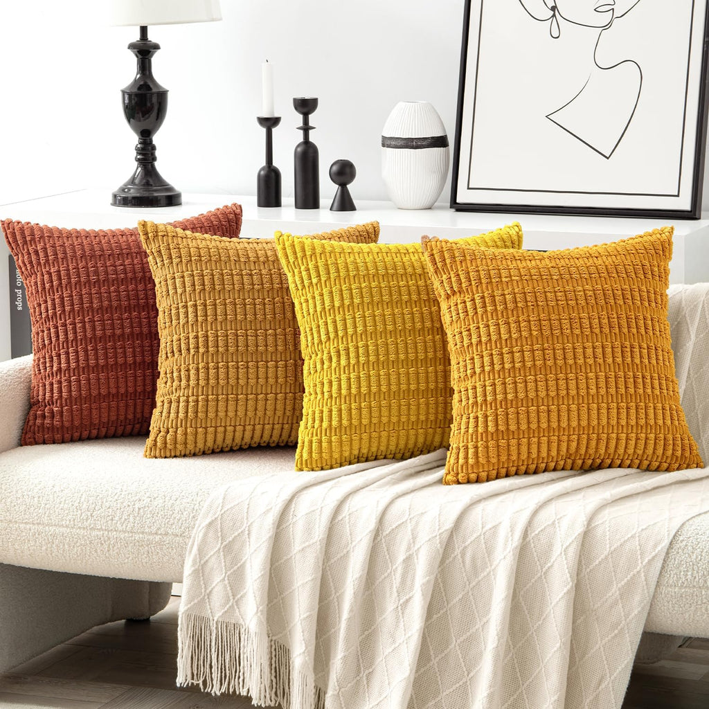 Miulee Pack of 4 Fall Boho Farmhouse Orange Yellow Corduroy Decorative Throw Pillow Covers 18x18 Inch Soft Striped Pillow Covers Modern Rus…