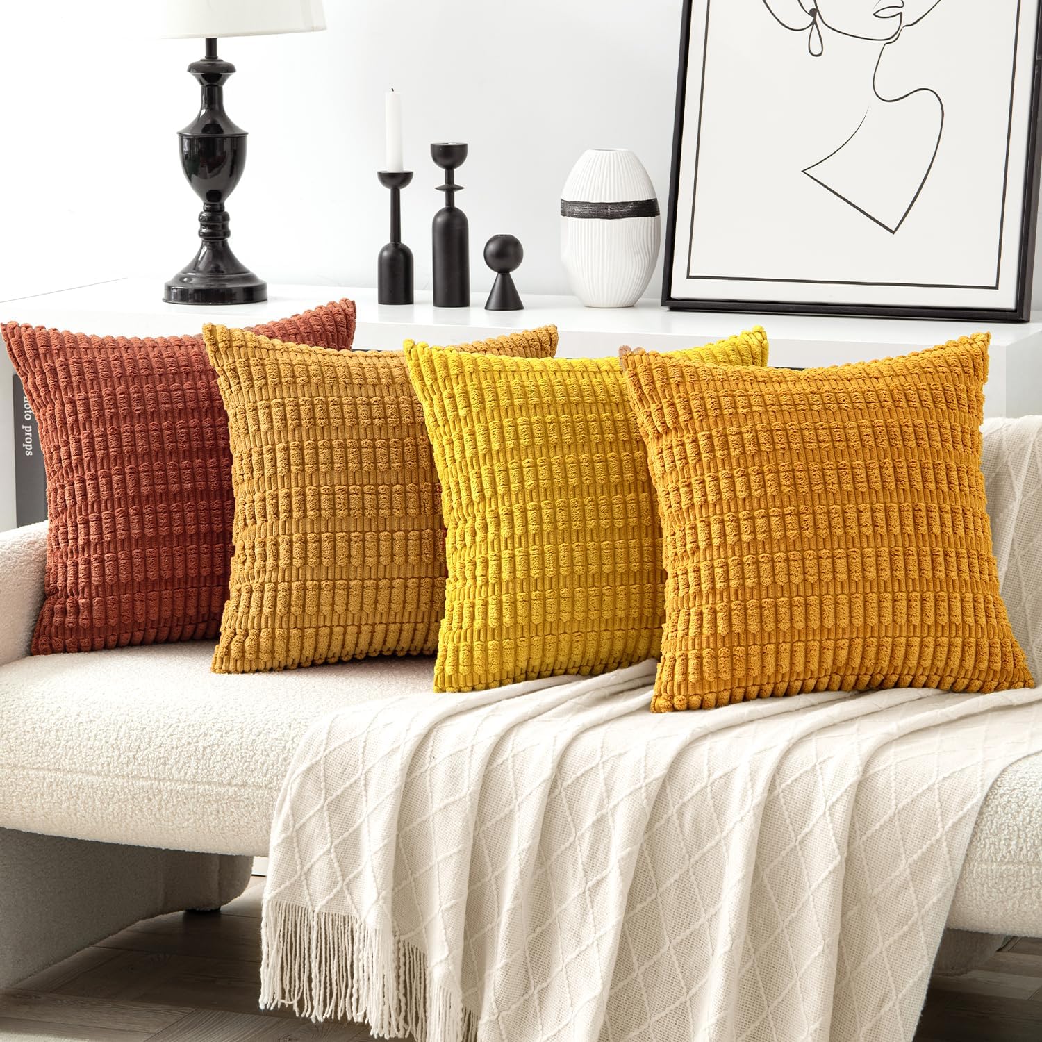 Miulee Pack of 4 Fall Boho Farmhouse Orange Yellow Corduroy Decorative Throw Pillow Covers 18x18 Inch Soft Striped Pillow Covers Modern Rus…
