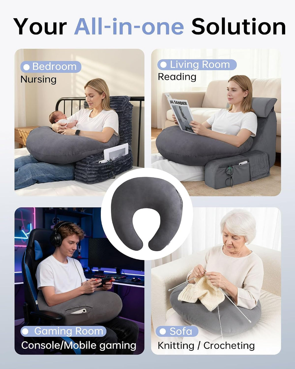 Enitya Extra Large Ergonomic Gaming & Reading Pillow with Arm & Elbow Support, U-Shaped Lap Pillow for Crocheting, Knitting, Nursing, Working, o…