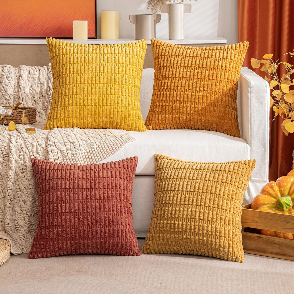 Miulee Pack of 4 Fall Boho Farmhouse Orange Yellow Corduroy Decorative Throw Pillow Covers 18x18 Inch Soft Striped Pillow Covers Modern Rus…