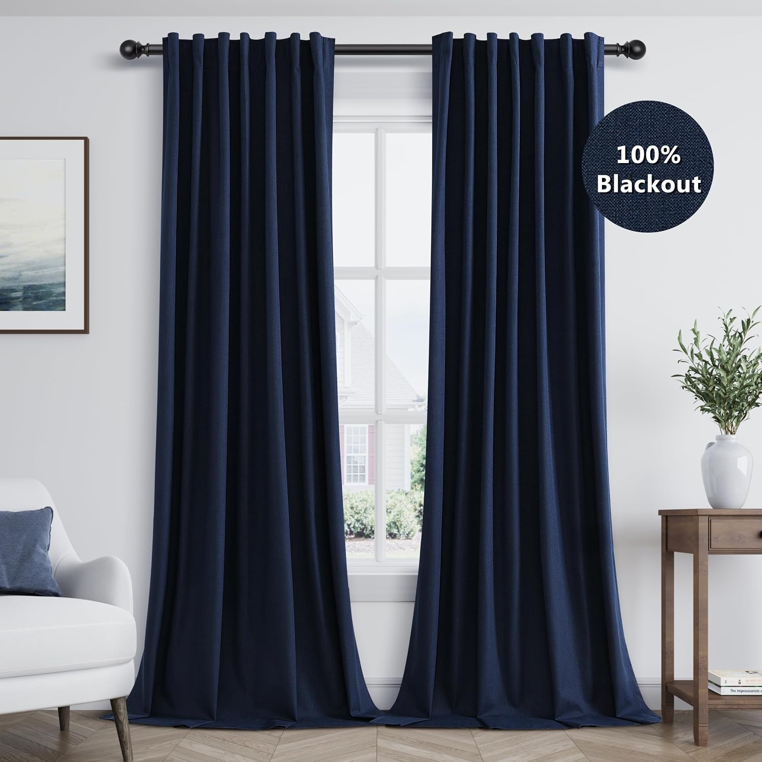 Guken Navy Blue 100% Blackout Curtains 84 Inch Length 2 Panels Set for Living Room Bedroom Back Tab Thermal Insulated Black Out Linen Drape…