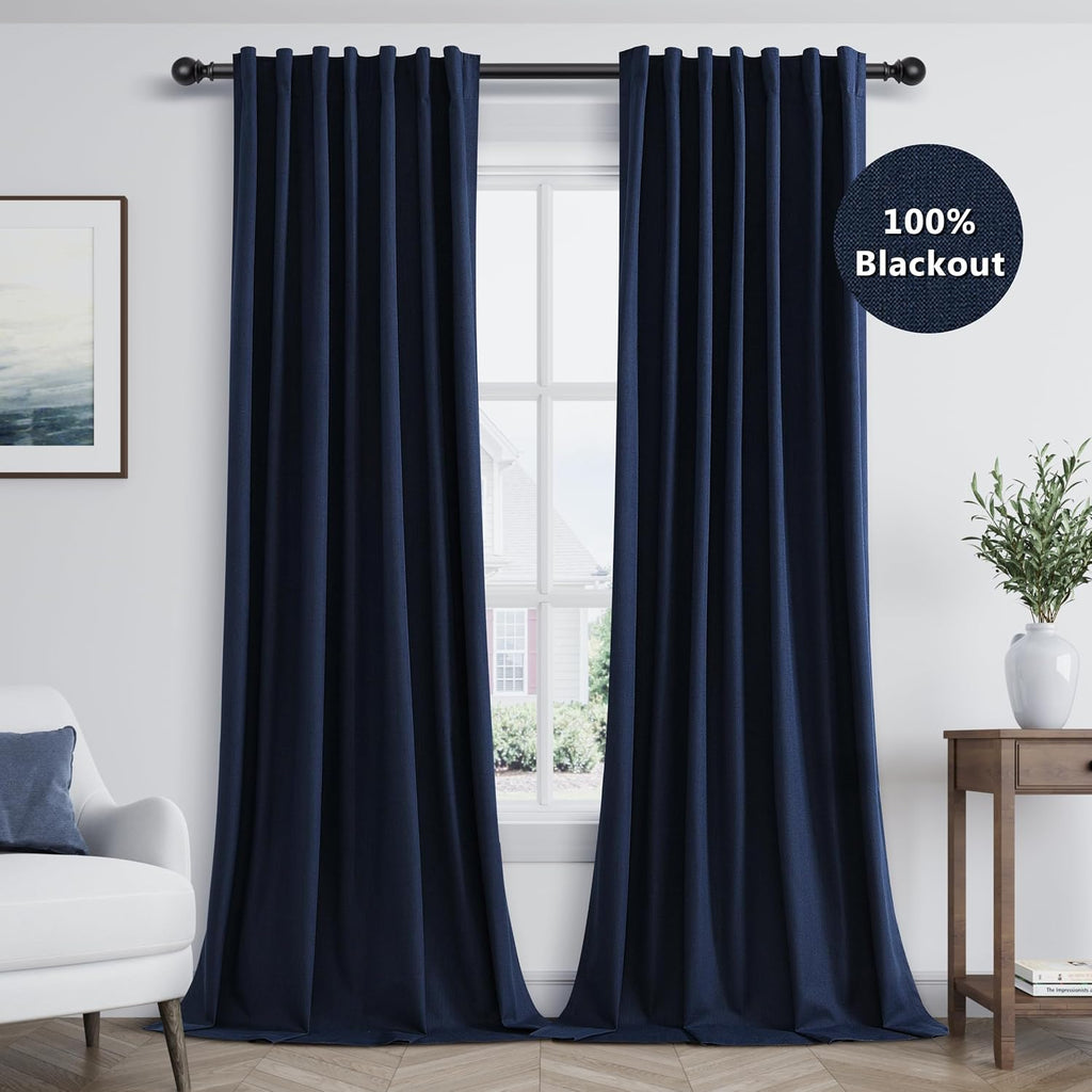 Guken Navy Blue 100% Blackout Curtains 108 Inch Length 2 Panels Set for Living Room Bedroom Back Tab Thermal Insulated Black Out Linen Drap…