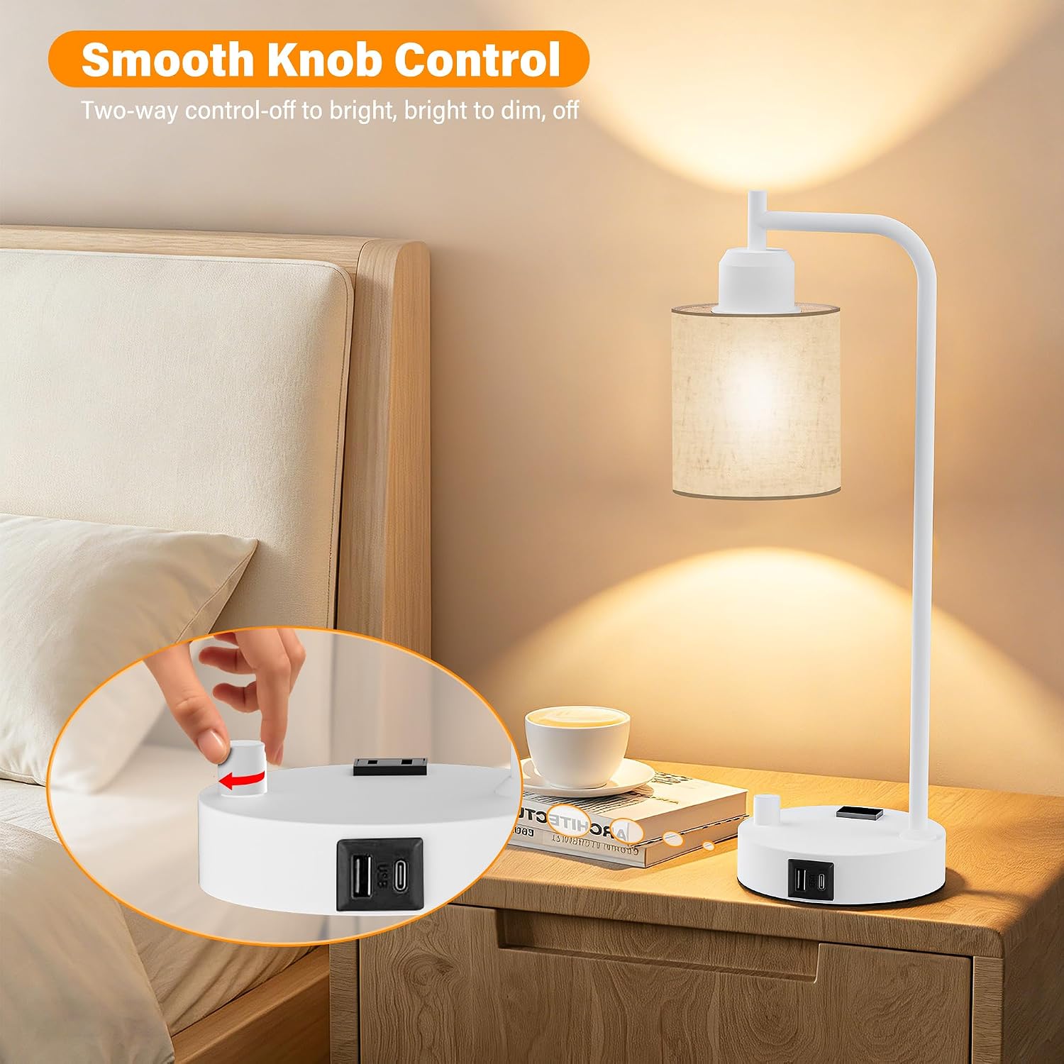SIBRILLE Industrial Table Lamps with Linen Shade, Set of 2 Fully Dimmable Bedside Lamps with USB A+C Ports and Outlet, White Nightstand…
