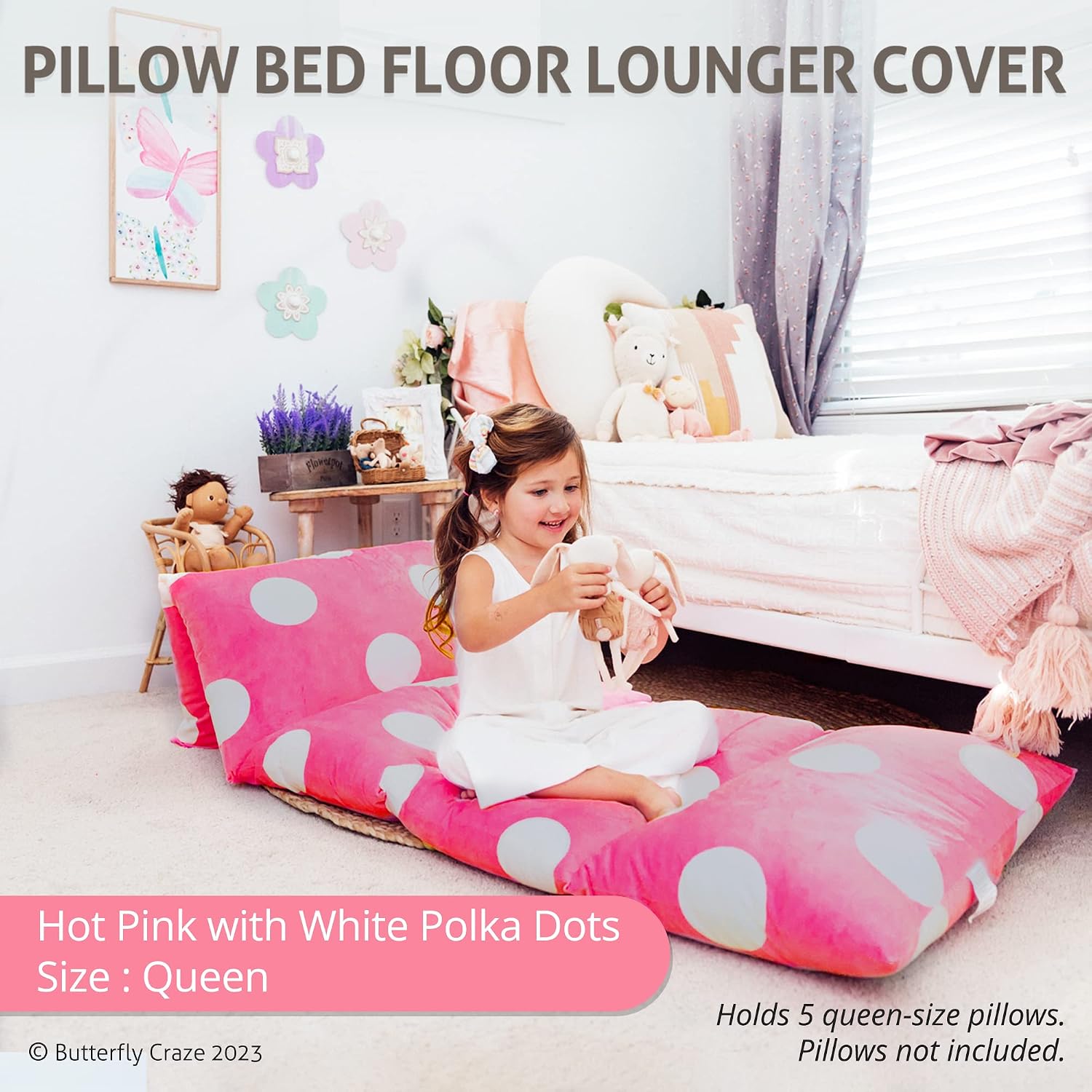 Butterfly Craze Floor Pillow Case, Mattress Bed Lounger Cover, Polka Hot Pink, Queen Size - Cozy Seating Solution for Kids & Adults…
