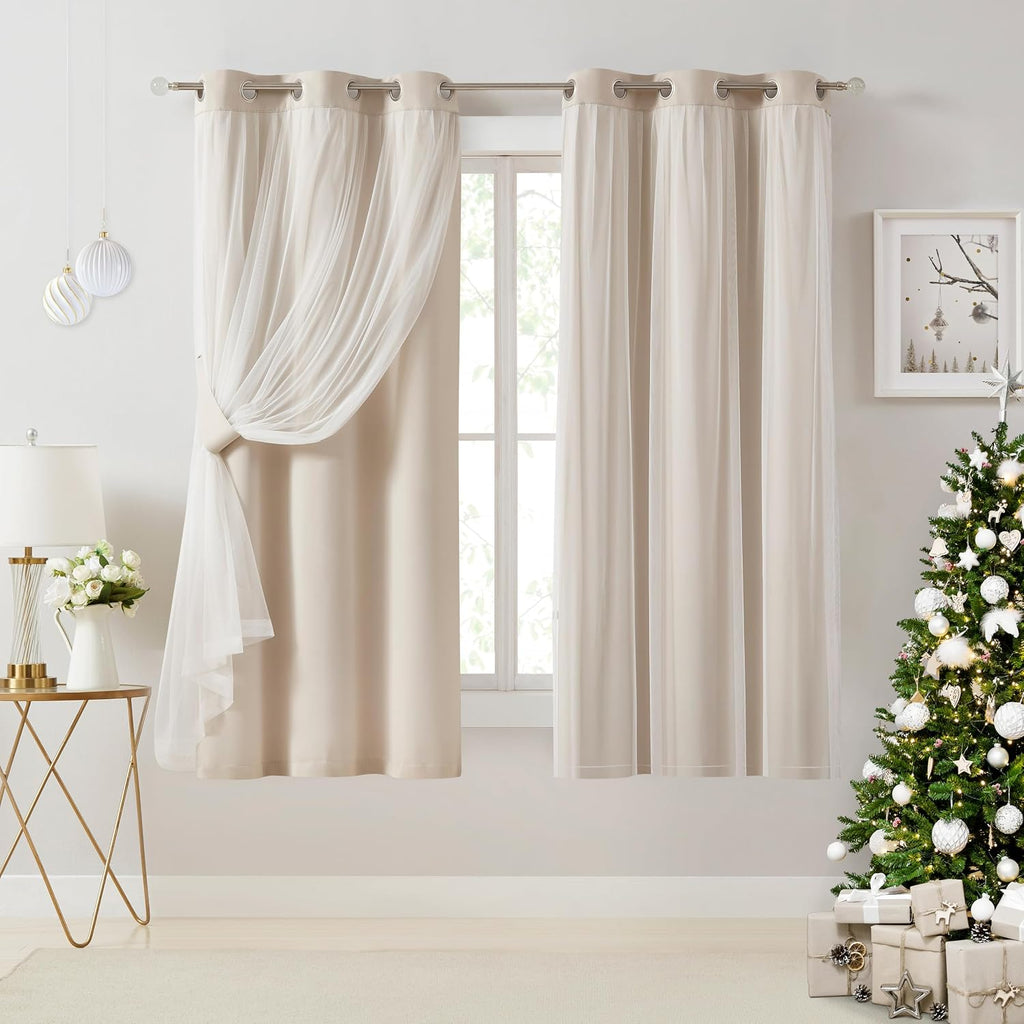 Bujasso Beige 80% Blackout Curtains with Sheer Overlay Mix and Match Double Layer Thermal Insulated Window Panels 63 inch for Living Room B…