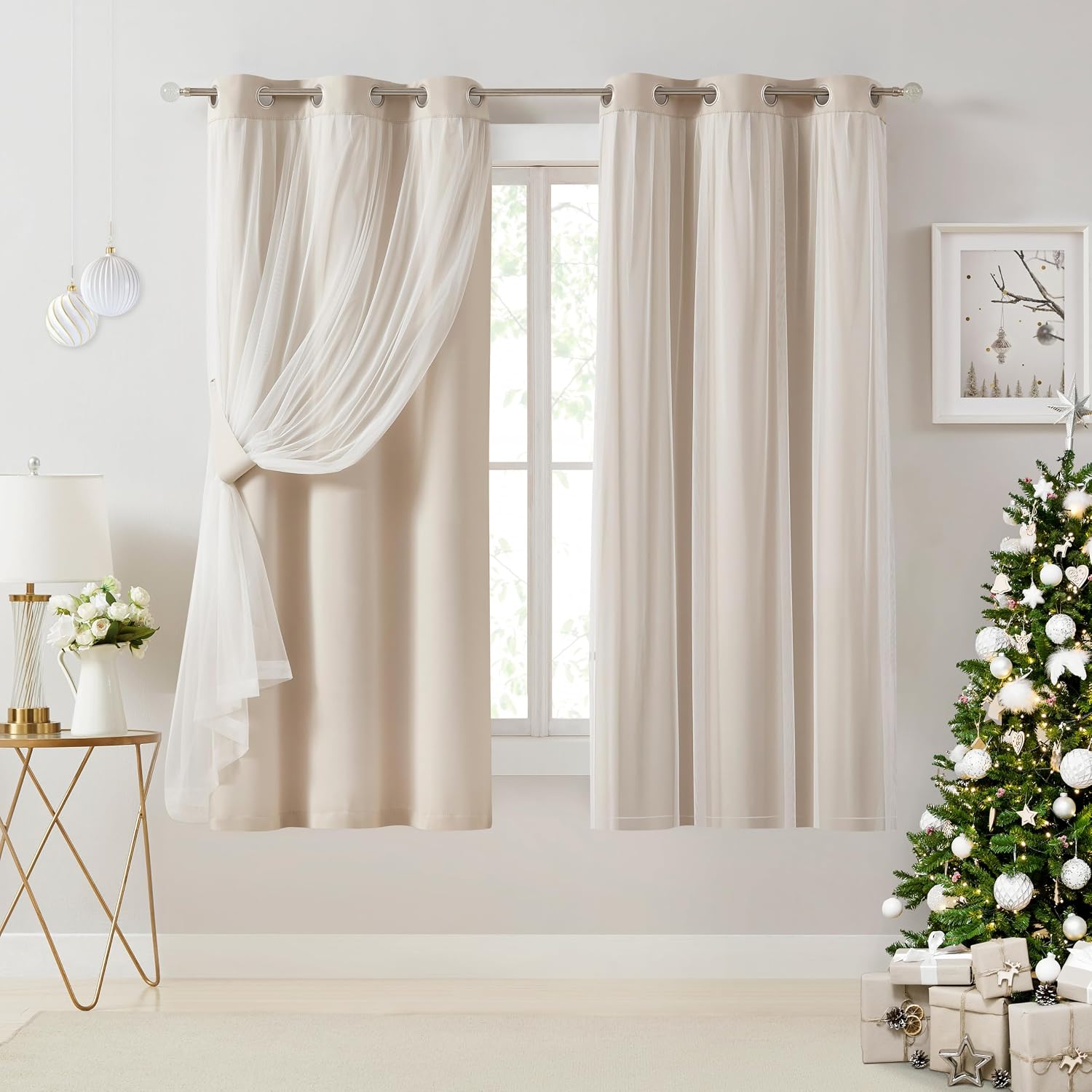 Bujasso Beige 80% Blackout Curtains with Sheer Overlay Mix and Match Double Layer Thermal Insulated Window Panels 63 inch for Living Room B…