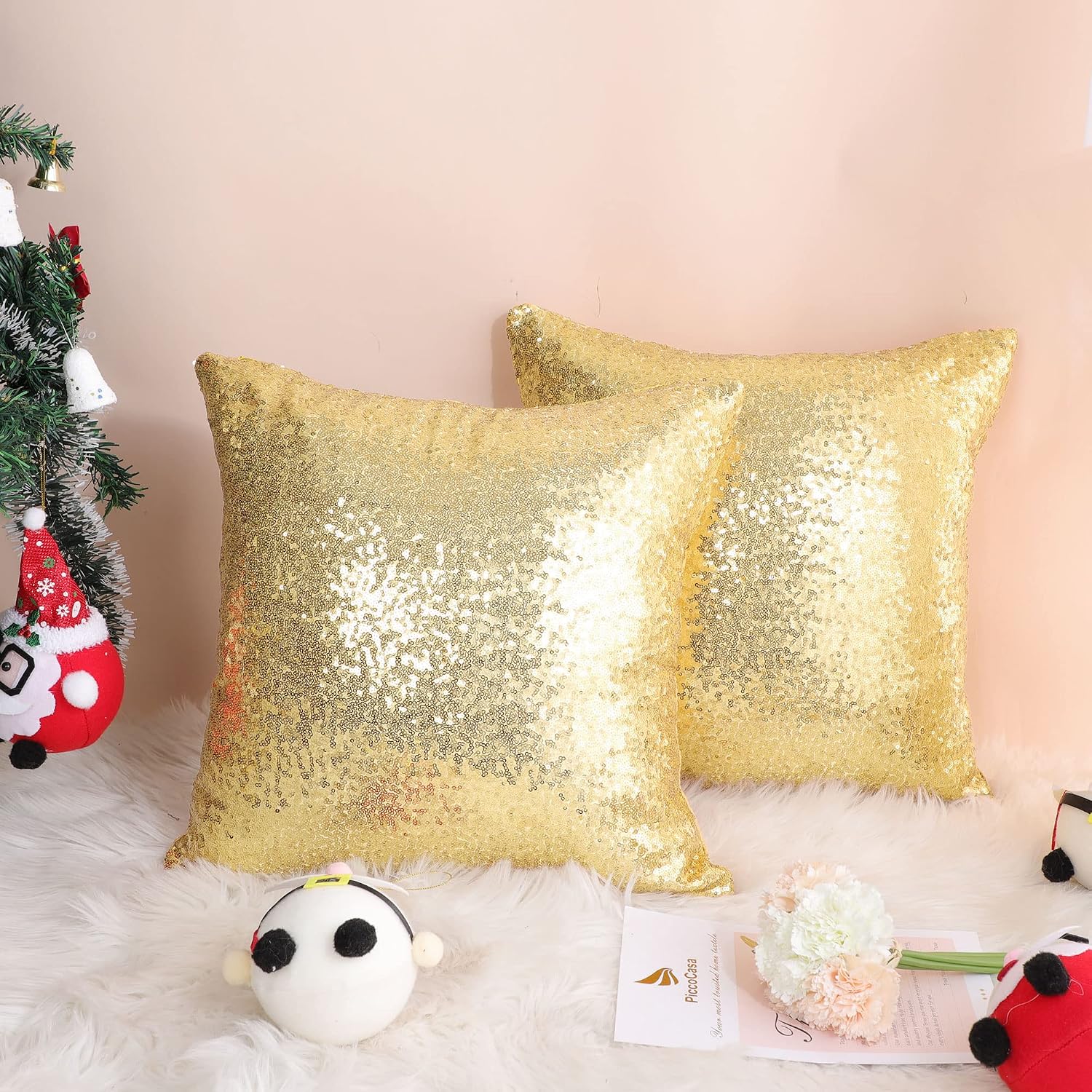 uxcell 2 Pcs Gold Tone Sequin Throw Pillow Covers, Shiny Sparkling Comfy Satin Sequin Cushion Covers, Decorative Pillowcases for…