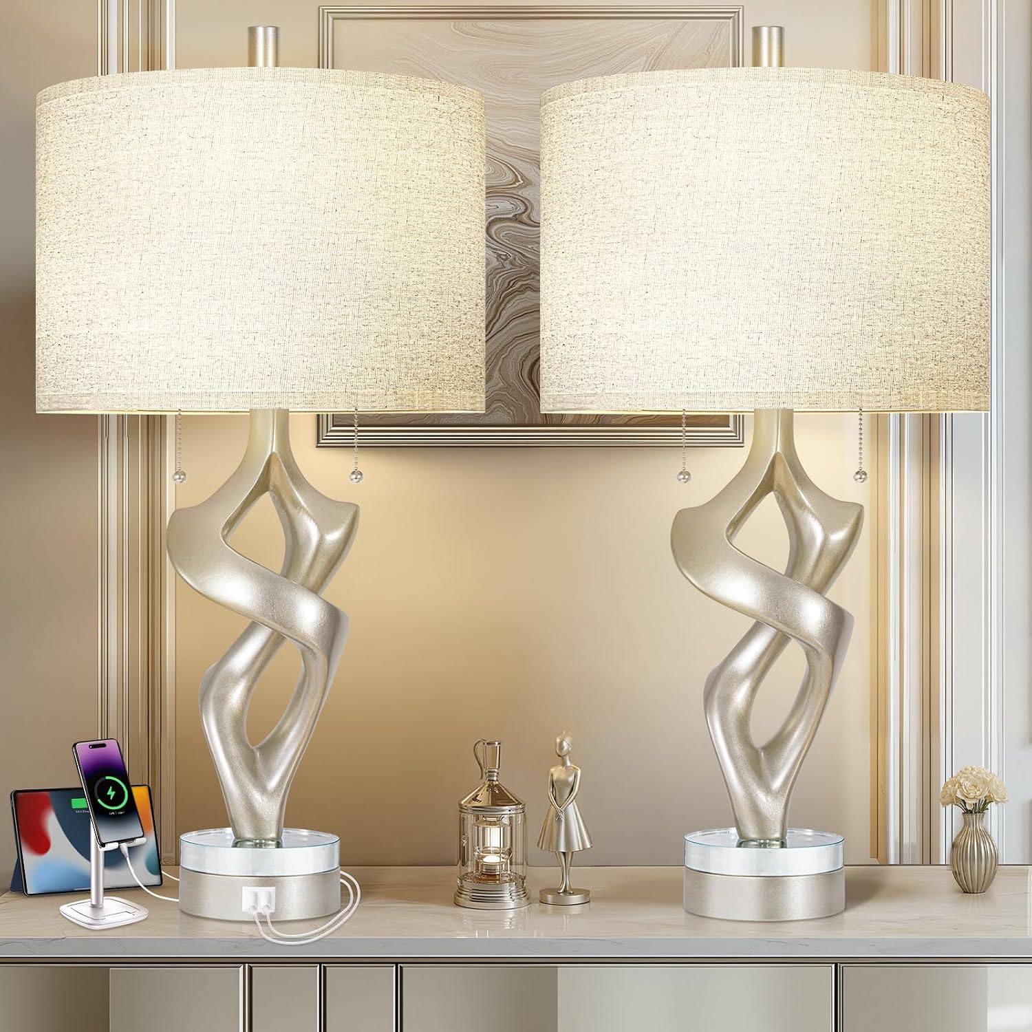 Scenekoy Sculptural Resin Table Lamp Set of 2 with USB Ports for Bedroom Living Room, 26” Antique Silver Leaf Dual Pull Chains Bedside…