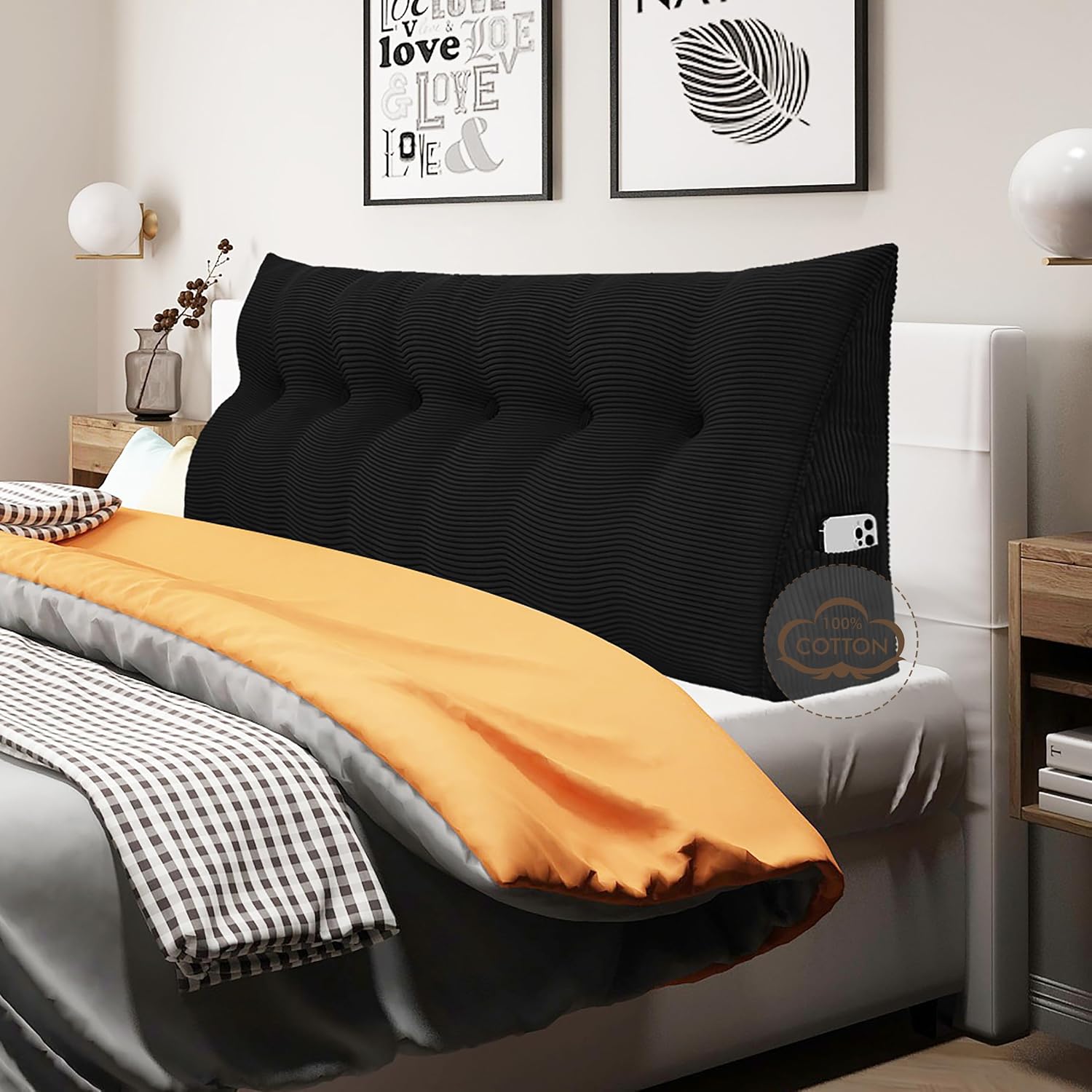 WOWMAX 100% Cotton Corduroy Headboard Pillow – California King Size Back Support Reading Wedge for Bed & Daybed, Plush Handmade Bolster…