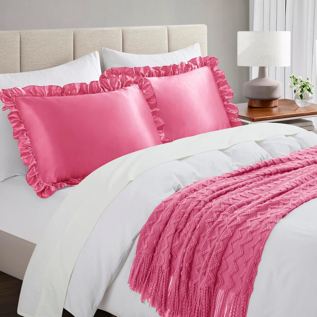 HommxJF Silky Satin Ruffled Pillow Cases for Hair and Skin, Peach Red Silk Pillowcases Queen Set of 2 with Envelope Closure Princess Room De…