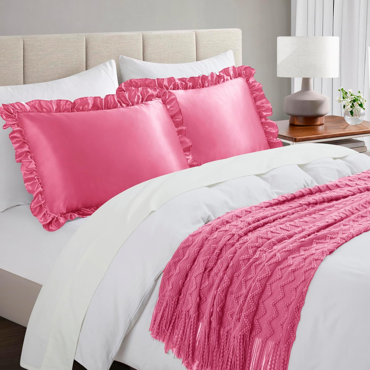 HommxJF Silky Satin Ruffled Pillow Cases for Hair and Skin, Peach Red Silk Pillowcases Queen Set of 2 with Envelope Closure Princess Room De…