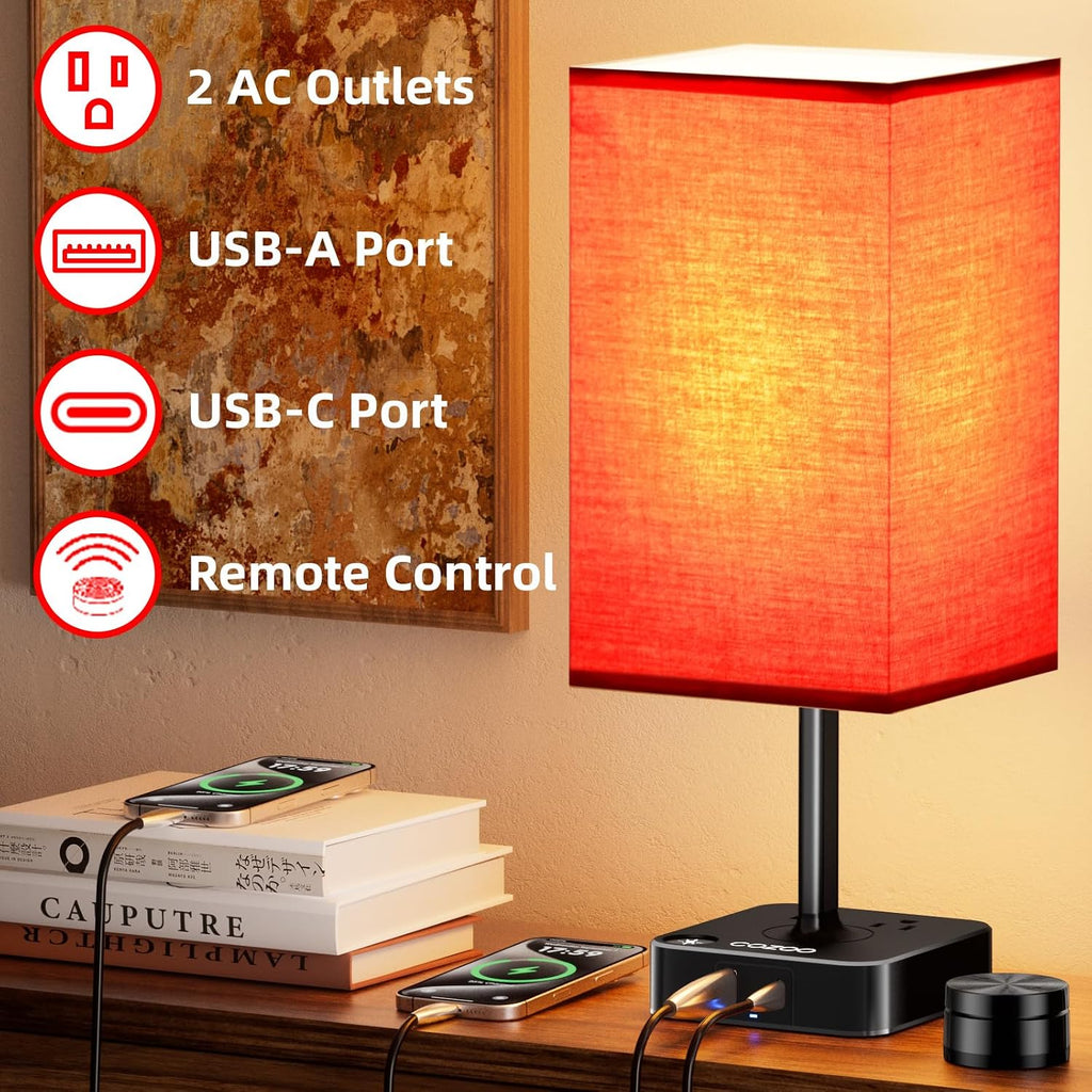 Bedroom Table Lamp with Remote Operation Control, Dimmable Bedside Table Desk Light with USB C+A Charging Ports 2 AC Outlets, Nightstand…
