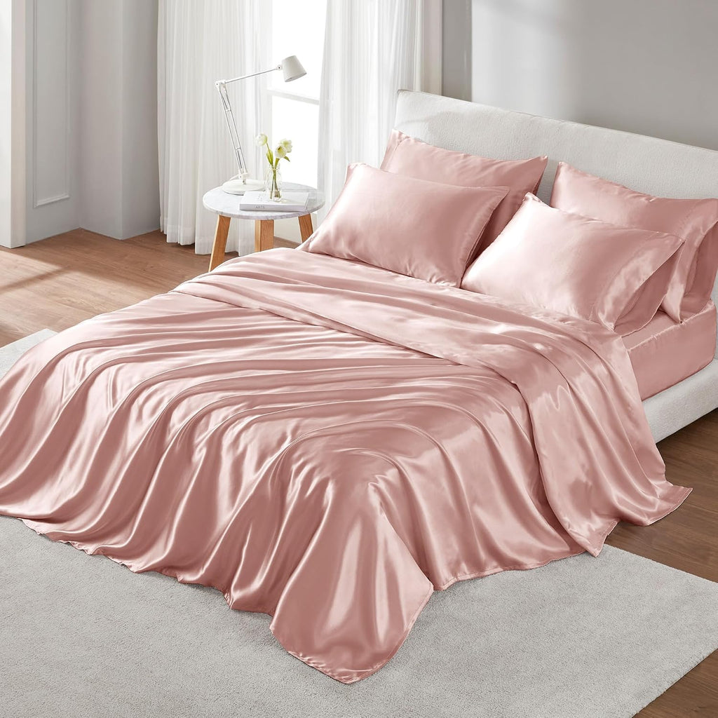 Madisonpark Madison Park - MPE20-774 Satin Wrinkle-Free Luxurious and Silky with 16" Deep Pocket 6 Piece Durable Sheet Set, King, Blush
