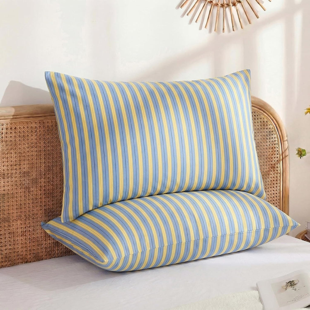 Merryword Blue & Yellow Striped Pillowcases, 100% Cotton Pillow Cases, Standard Size Pillowcases, Soft Breathable Ribbon Stripe Pillow Cove…
