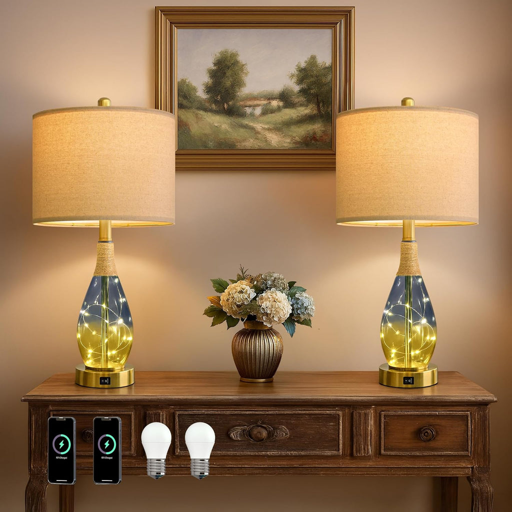 OYEARS 23" Table Lamps for Living Room Set of 2, Bedside Lamps for Night Stands, Rattan Lamps for Bedroom, Farmhouse Lamps with Glass…