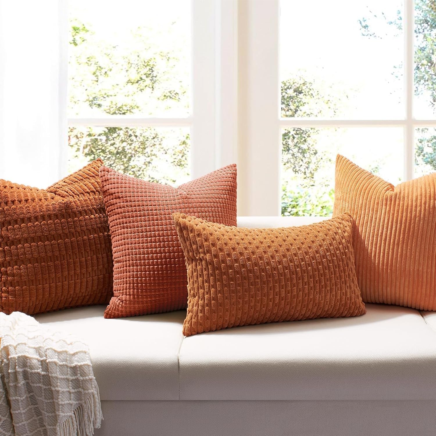 Softalker Fall Decorative Throw Pillow Covers 16 x 16 Inch, Set of 2, Thanksgiving Autumn Harvest Super Soft Corduroy Boho Striped…