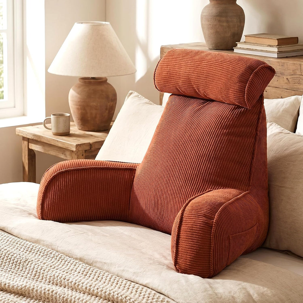 Ailuteie Pillow with Arms for Sitting Up in Bed, Reading Backrest Pillow, Corduroy Back Support Cushion with Side Pockets & Washable Cover,…
