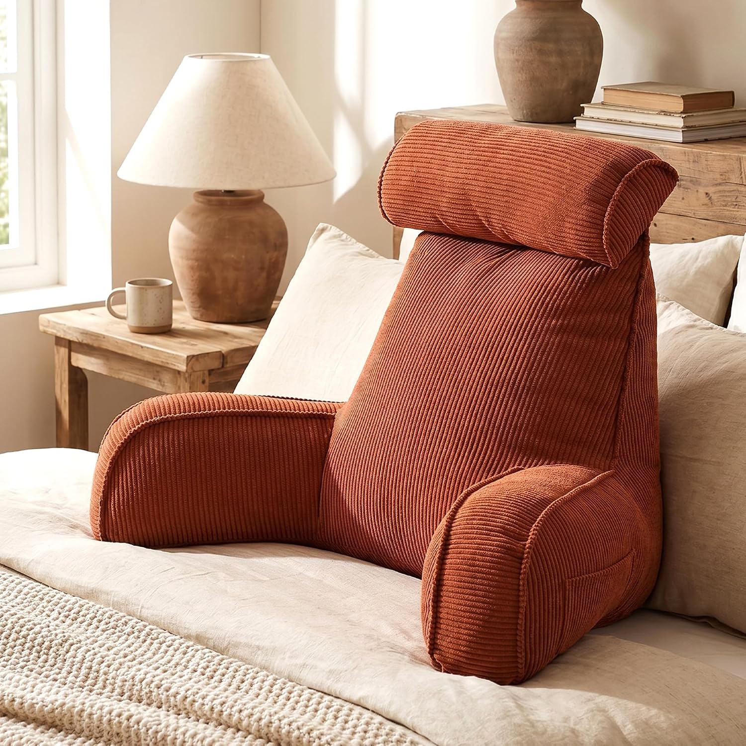 Ailuteie Pillow with Arms for Sitting Up in Bed, Reading Backrest Pillow, Corduroy Back Support Cushion with Side Pockets & Washable Cover,…