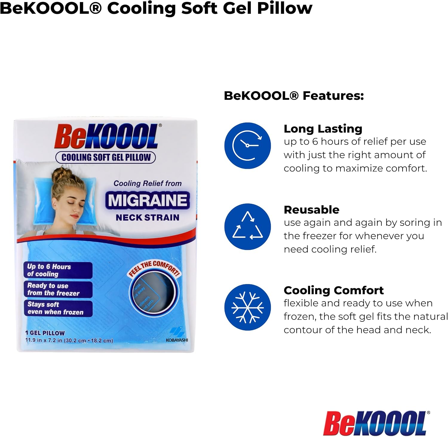 BeKOOOL Cooling Soft Gel Pillow - Reusable Cooling Relief from Migraines, Neck Strain and Fever - Up to 6 Hours of Cooling, Ready to Use…