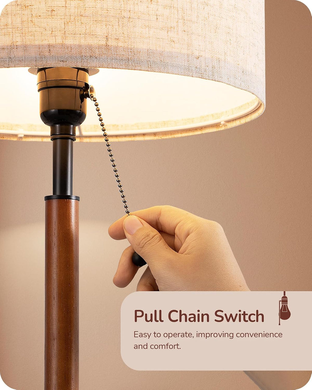 EDISHINE Mid Century Table Lamp Set of 2, Pull Chain Switch Bedside Lamp, Linen Shade, Solid Wood Pole & Black Metal Base, Modern…