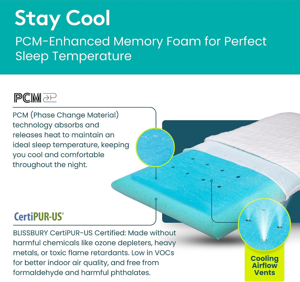 BLISSBURY Cooling Memory Foam Pillow, 2.6 Inch Thin, for Stomach & Back Sleeper, Queen Size, Removable Cool-Tech Cover, CertiPUR-US…