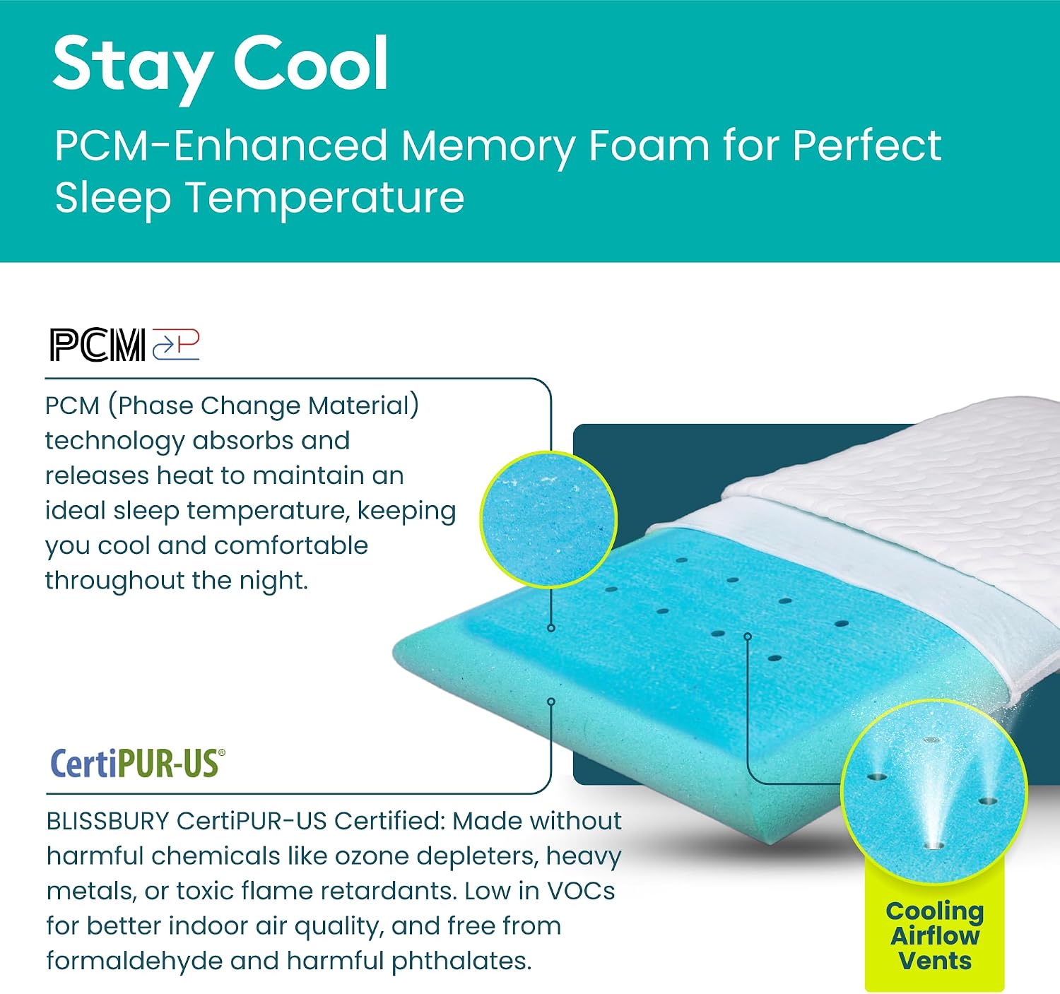 BLISSBURY Cooling Memory Foam Pillow, 2.6 Inch Thin, for Stomach & Back Sleeper, Queen Size, Removable Cool-Tech Cover, CertiPUR-US…