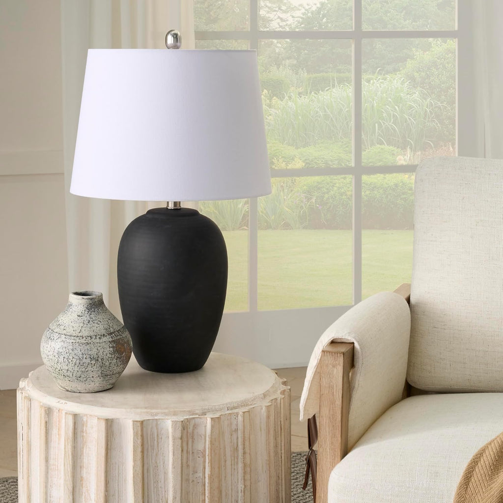 Nourison Home 23" Black Vintage Distressed Ceramic Pot Table Lamp for Bedroom, Living Room, End Table, with White Tapered Drum Shade