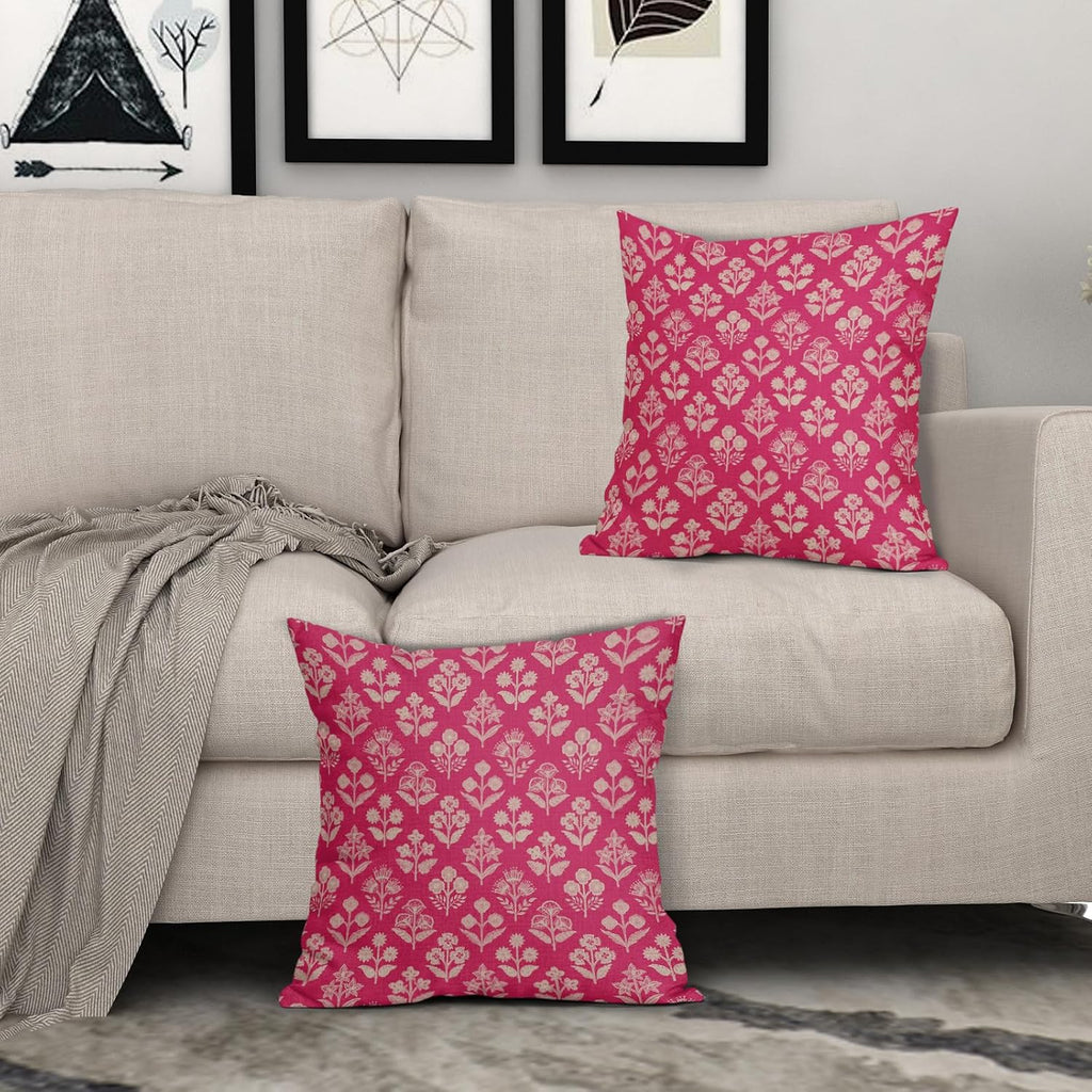 Hot Pink Floral Pillow Covers 24x24 Inch Set of 2, Vintage Flower Block Print Pattern Decorative Throw Pillowcases Outdoor Farmhouse…