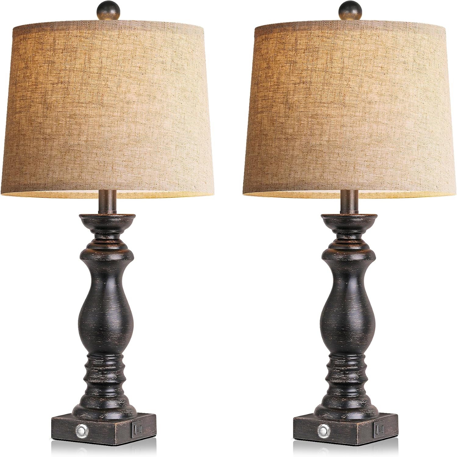 24.5" Table Lamp Set of 2, Rustic Farmhouse Bedside Lamps with USB A+C Charging Ports, 3-Way Dimmable Touch Control Nightstand Lamps for…