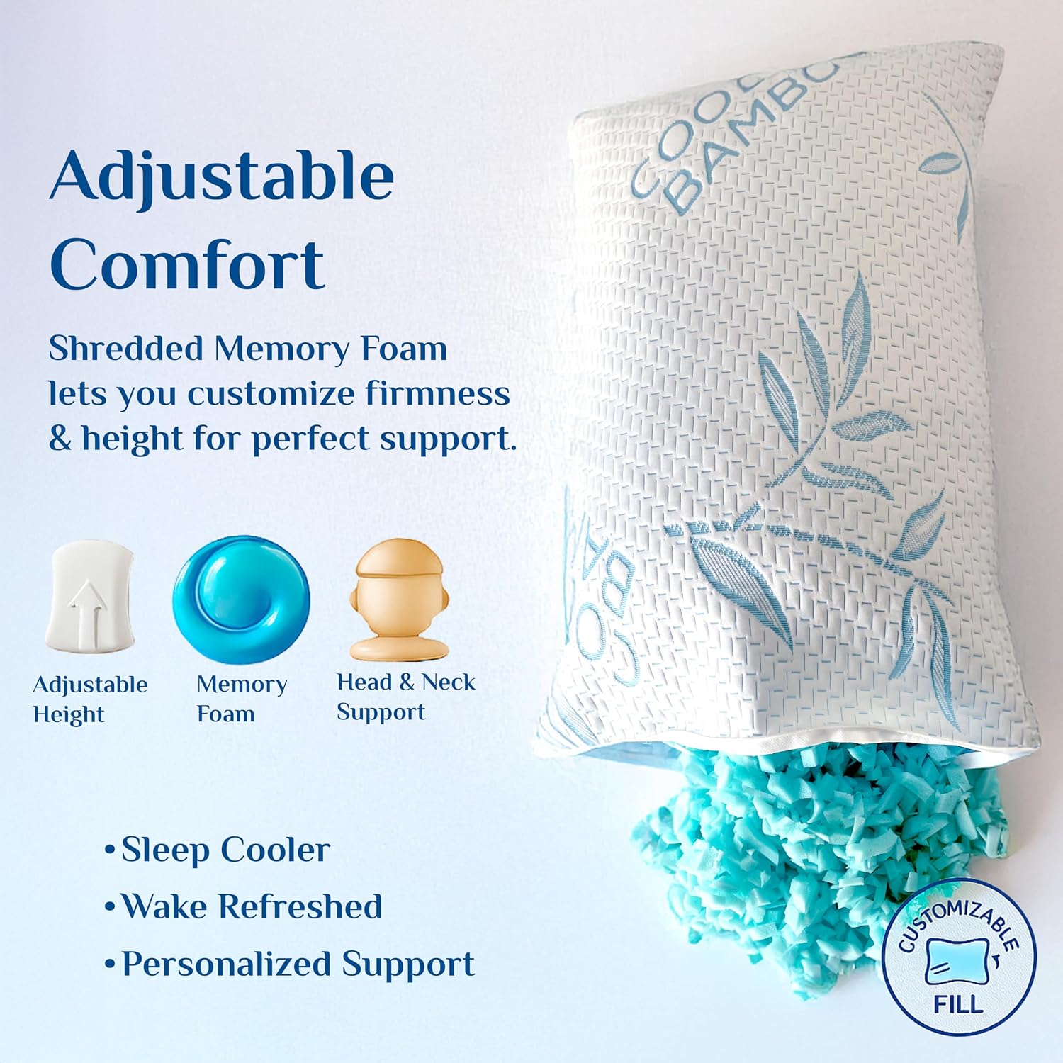 OMEO 2 Pack Bamboo Pillow Queen Size for Sleeping, Hypoallergenic Cooling Shredded Memory Foam Bed Pillows for Side, Back and Stomach…