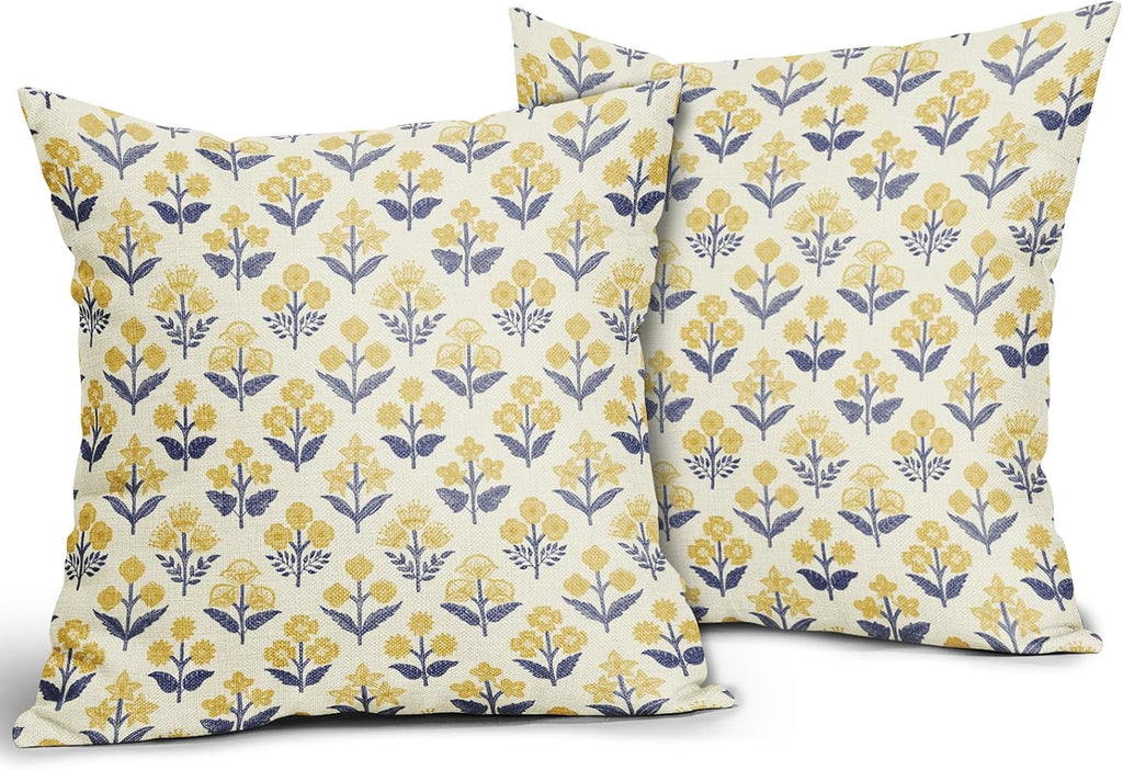 Navy Blue Yellow Floral Block Print Pillow Covers 20x20 Inch Set of 2, Vintage Flower Pattern Decorative Throw Pillowcases Outdoor…