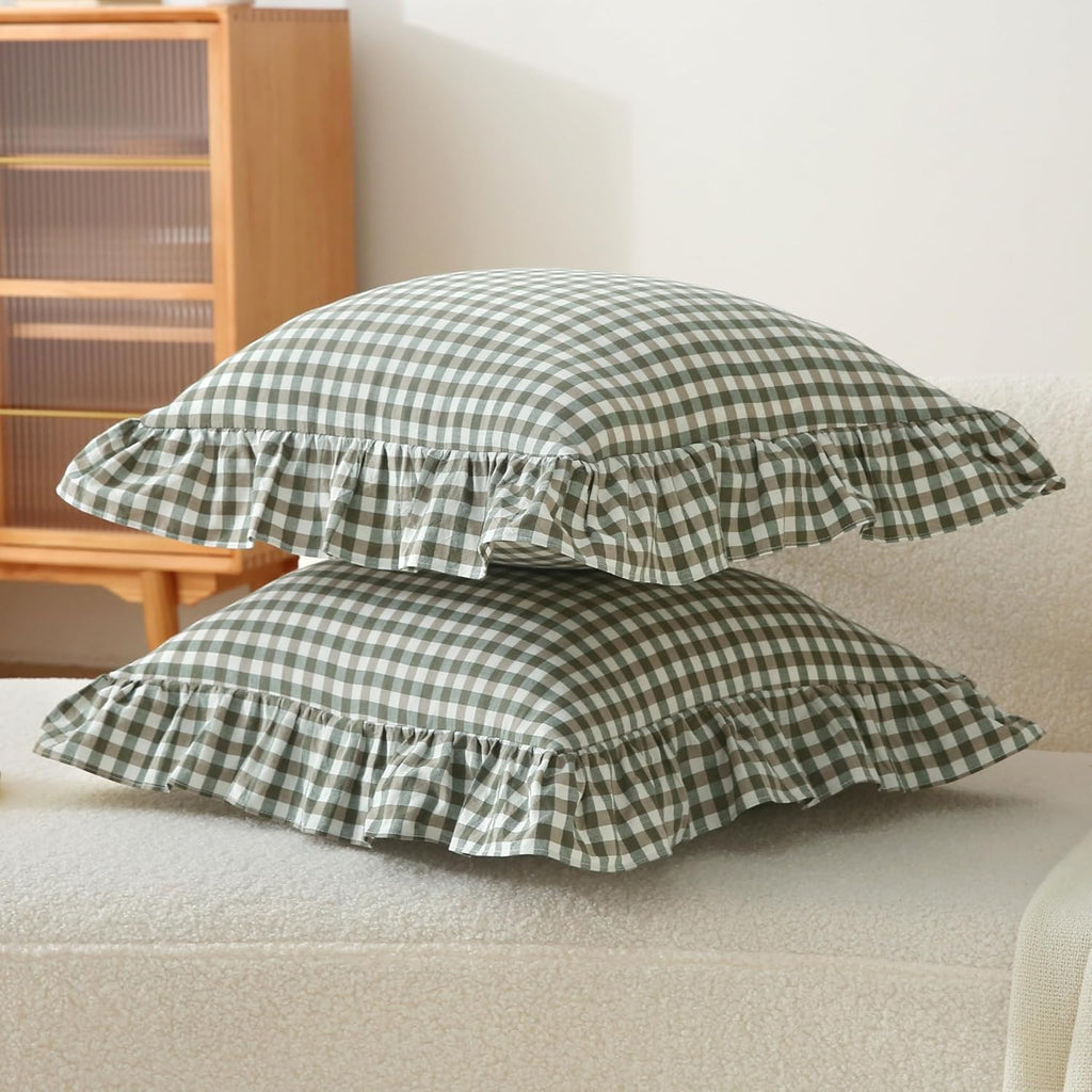 Jilboo 2 Pack 18 x18 inches Sage Green/White Checkered Throw Pillow Covers 100% Washed Cotton Vintage Ruffle Trim Decorative Gingham Pillow…