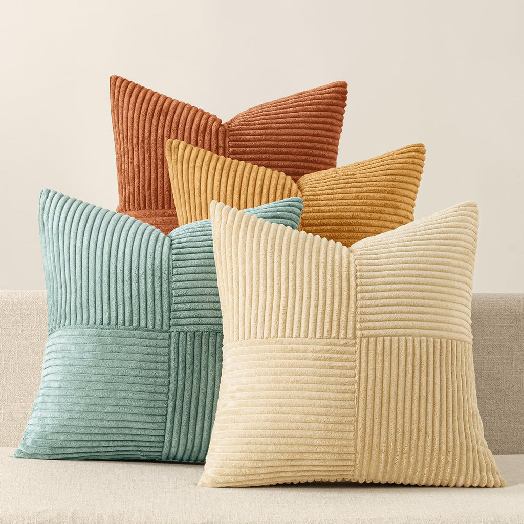 Miulee Boho Farmhouse Decorative Throw Pillow Covers 18x18 Inch 4 Packs Soft Vintage Pillow Cases Modern Corduroy Patchwork Cushion Covers…