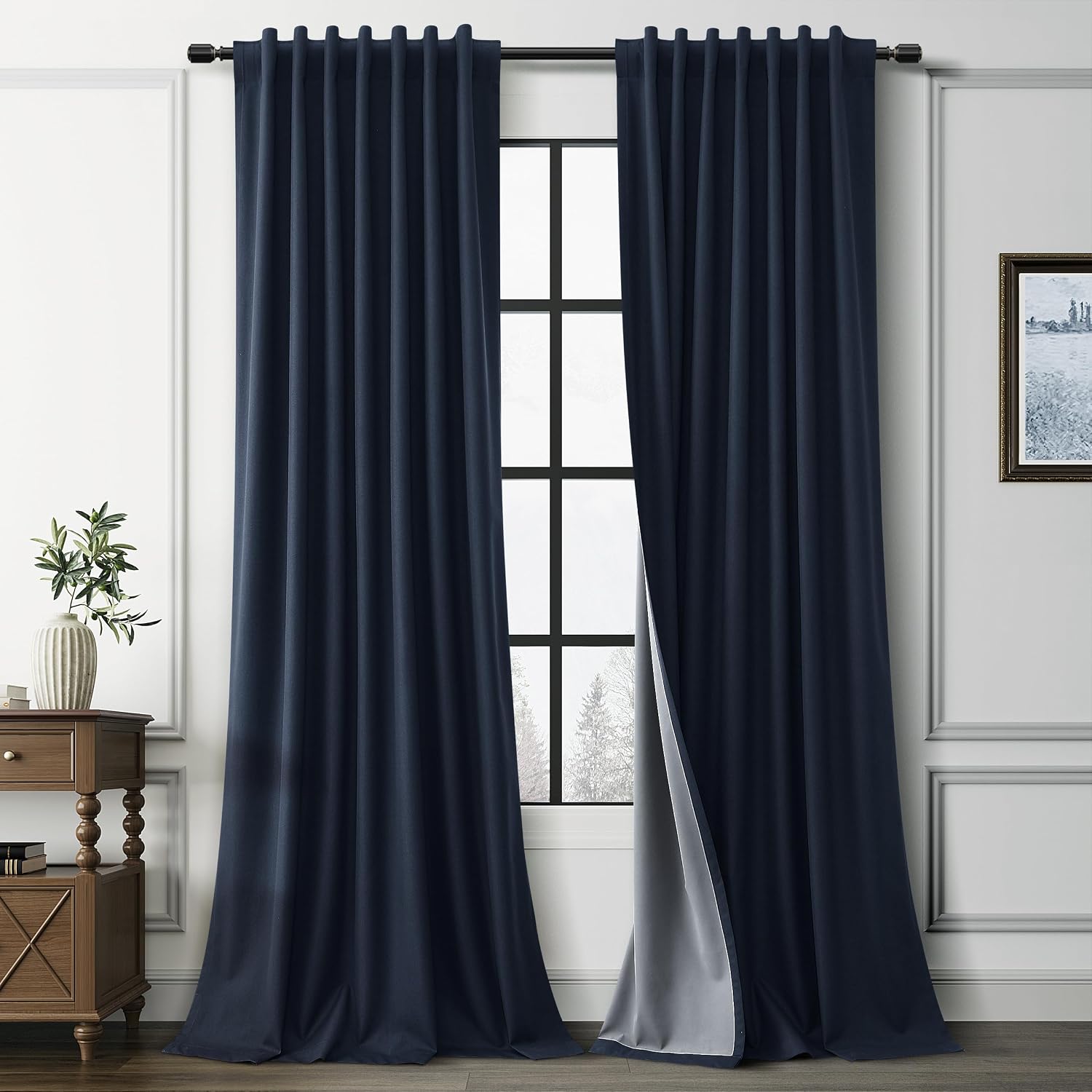 Guken Navy Blue 100% Blackout Linen Curtains for Bedroom 90 Inches Long 2 Panels Set Elegant Textured Back Tab Hook Belt Room Darkening The…
