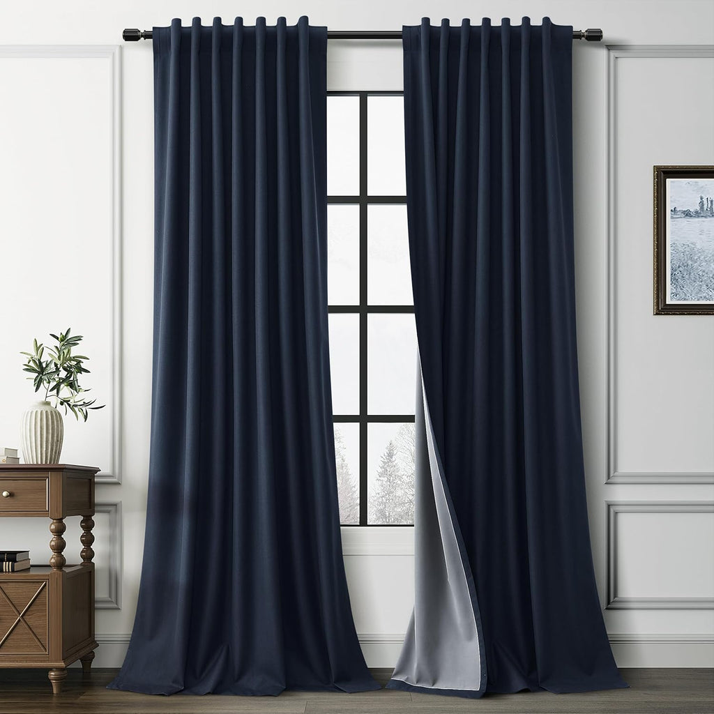 Guken Navy Blue 100% Blackout Linen Curtains for Living Room 102 Inches Long 2 Panels Set Elegant Textured Back Tab Hook Belt Room Darkenin…