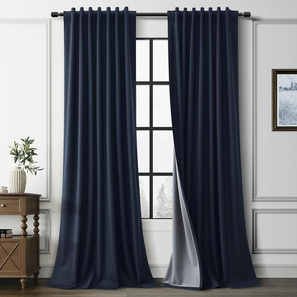 Guken Navy Blue Linen 100% Blackout Curtains for Bedroom 108 Inches Long Textured Back Tab Hook Belt Room Darkening Black Out Thermal Insul…