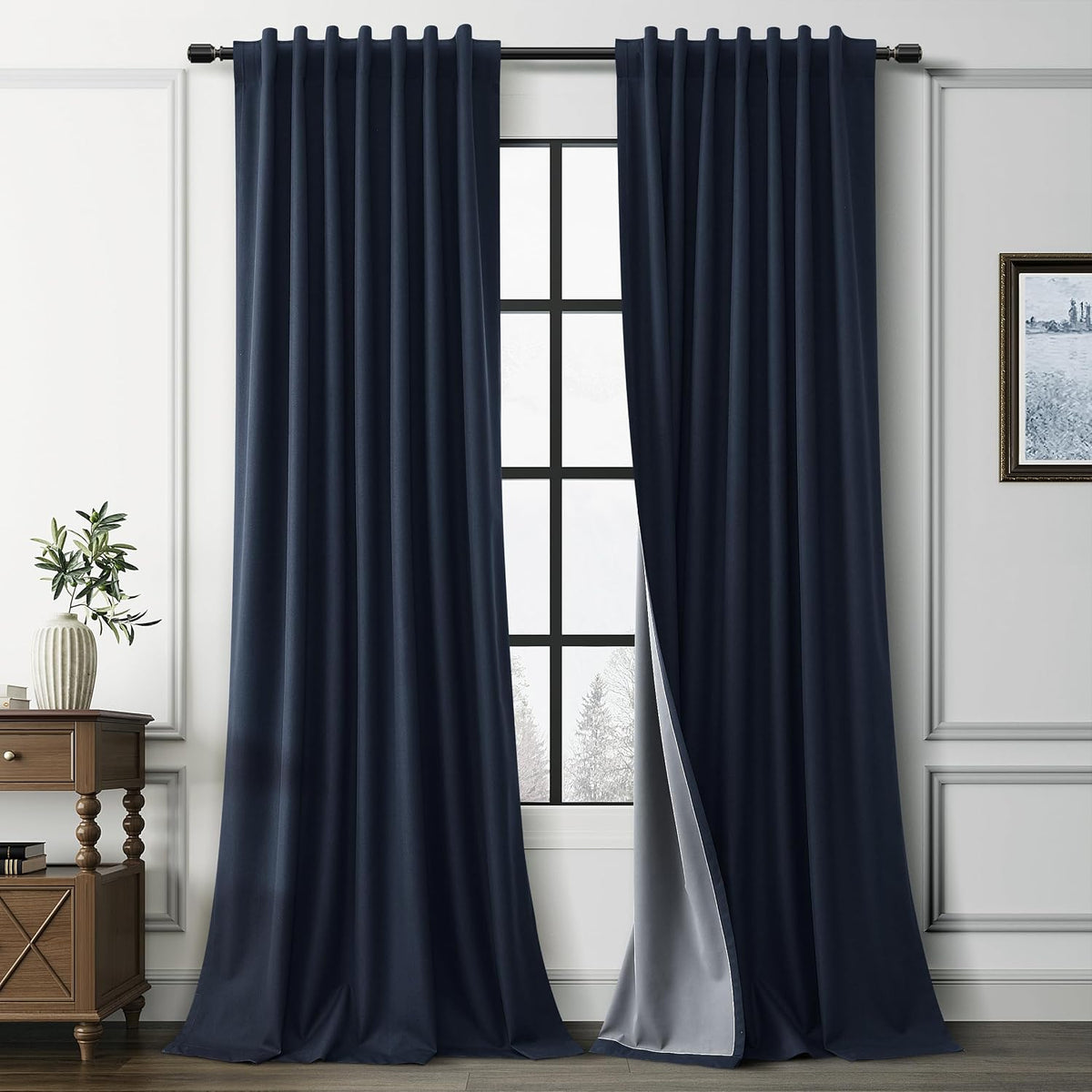 Guken Navy Blue 100% Room Darkening Linen Curtains for Bedroom Sliding Door 120 Inches Long 2 Panel Sets Textured Modern Back Tab Blackout…