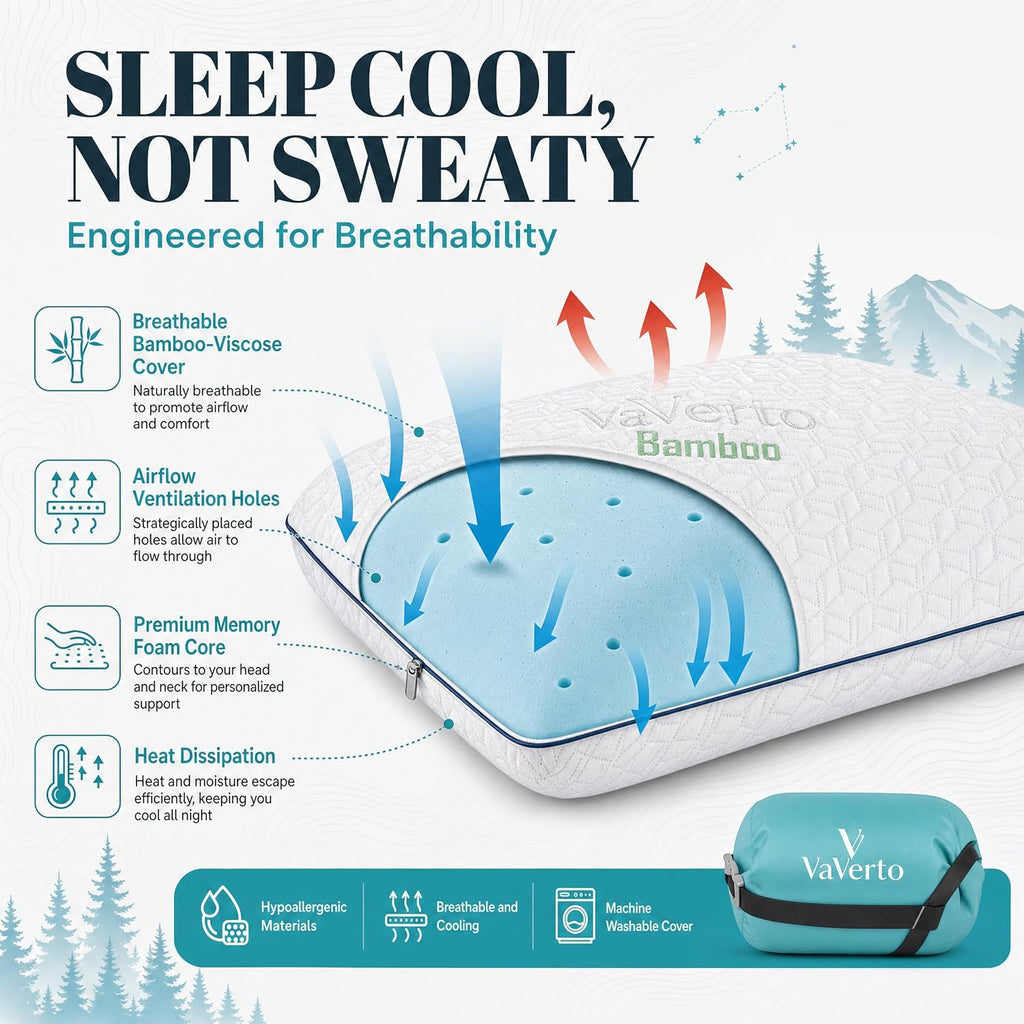 Vaverto Small Memory Foam Bed Pillow for Camping - Compressible Medium Firm, Breathable Cover, Machine Washable, Ideal Backpacking