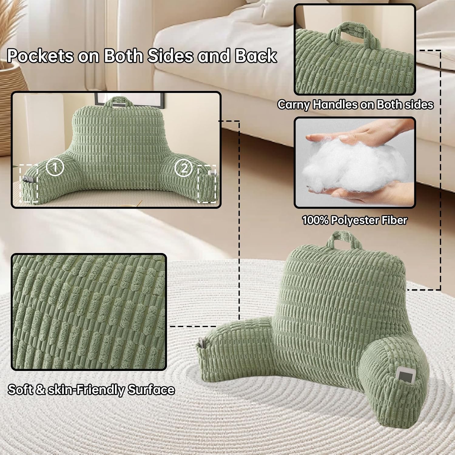 Pajeo Extra Large Sitting Pillow for Bed,19" Reading Pillow for Sitting Up with Arms, Oeko-TEX Certified Sturdy Backrest for Couch & Floor S…