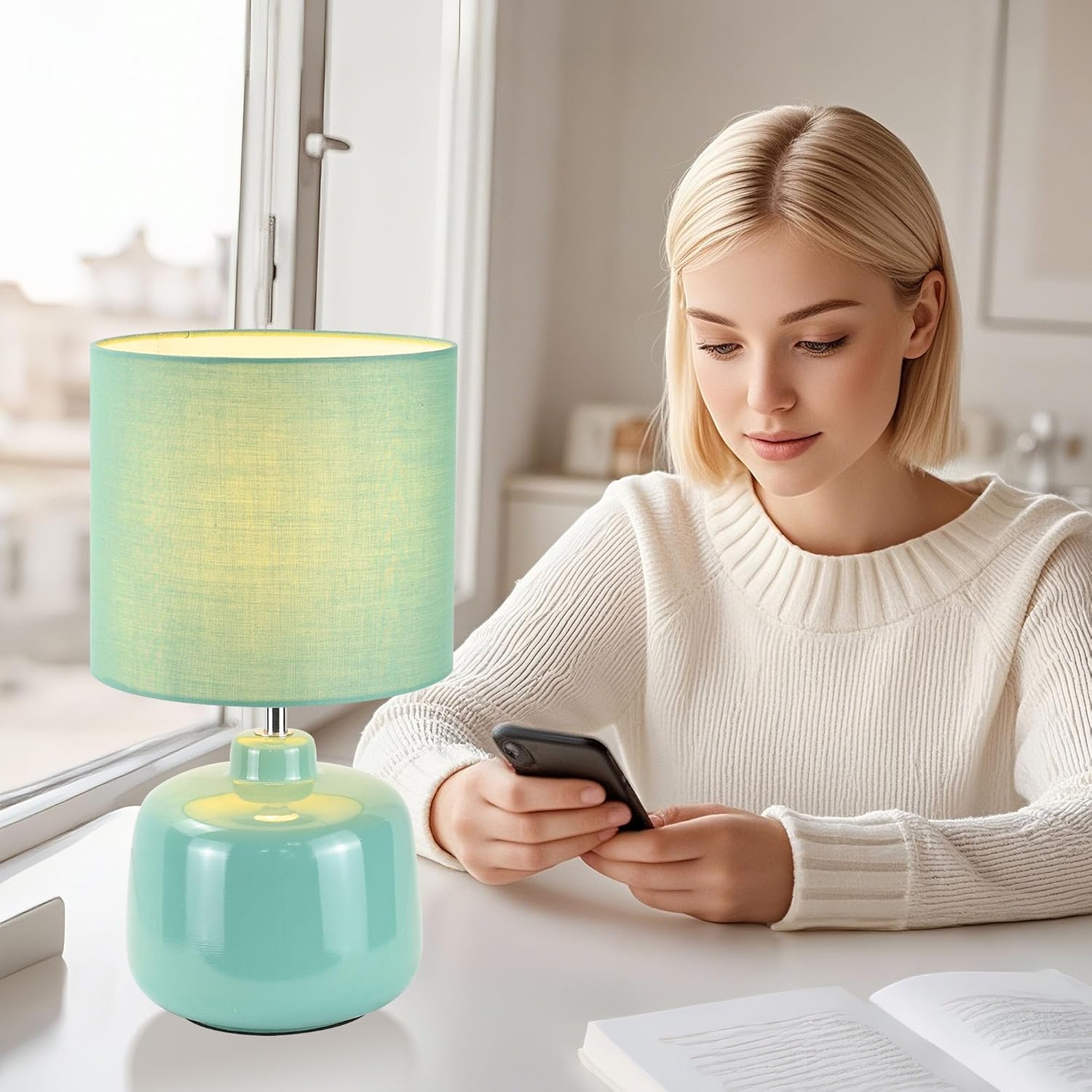 Oslo Green Small Ceramic Table Lamp for Living Room and Bedroom, Modern Kids Night Table Lamp, Φ7.09×H13.39IN, Bulb Excluded