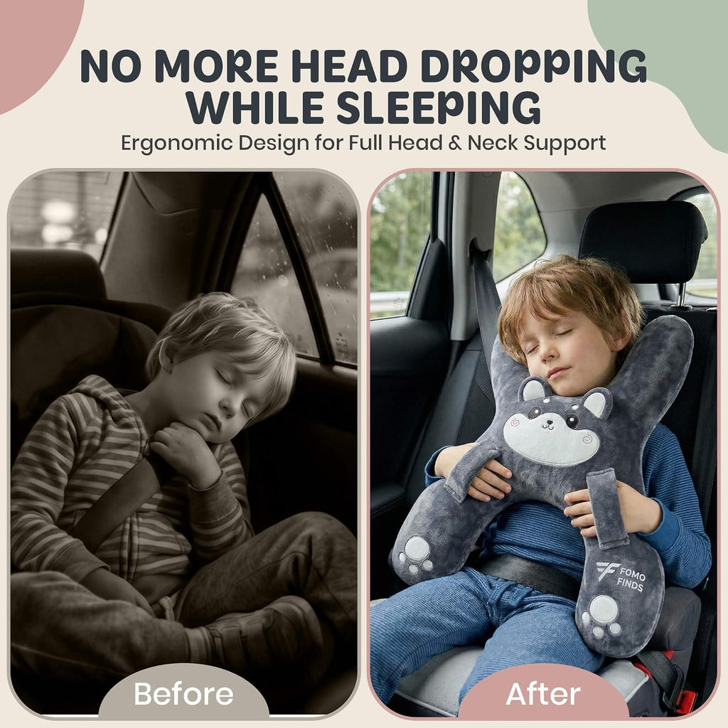 Kids Car Sleeping Pillow - X-Shaped Plush Animal for Neck & Back Support - Hands & Seat Belt Slot - Machine Washable & Compressible…